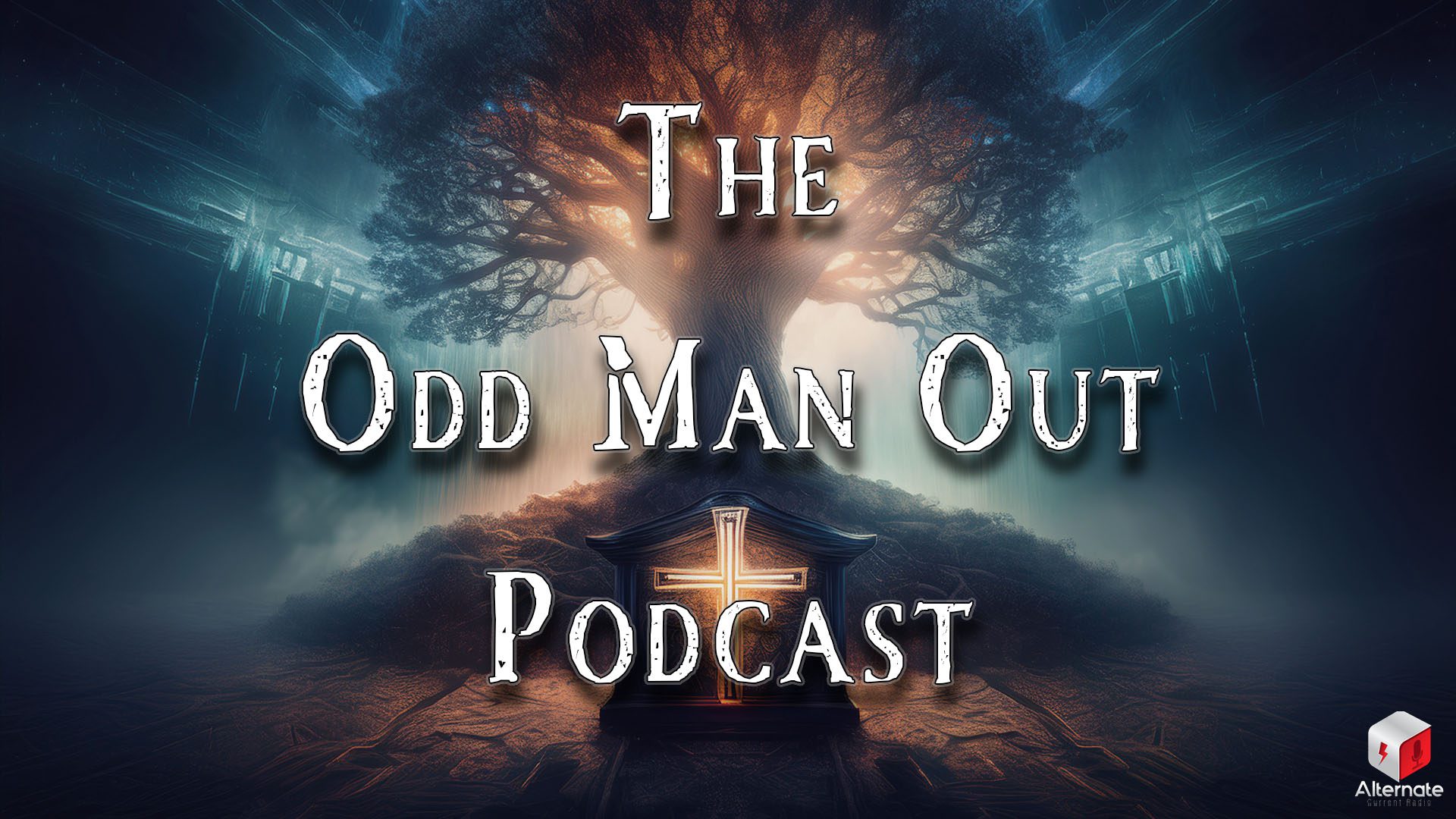 A dark, atmospheric background with a glowing Tree of Life subtly overlaid with a faint cross (Christianity). In the foreground, a shadowy Ark of the Covenant replica emits an eerie light, with circuit-like patterns creeping into the scene.