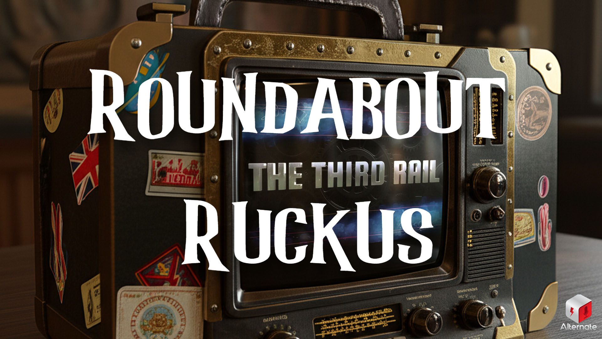 Close up of a vintage-style radio/television combo designed to look like a suitcase. It has a handle on top, metallic accents, and travel-themed stickers, including flags and decals that give it an adventurous look. The front features a screen with classic knobs, buttons, and dials, adding to the retro vibe.