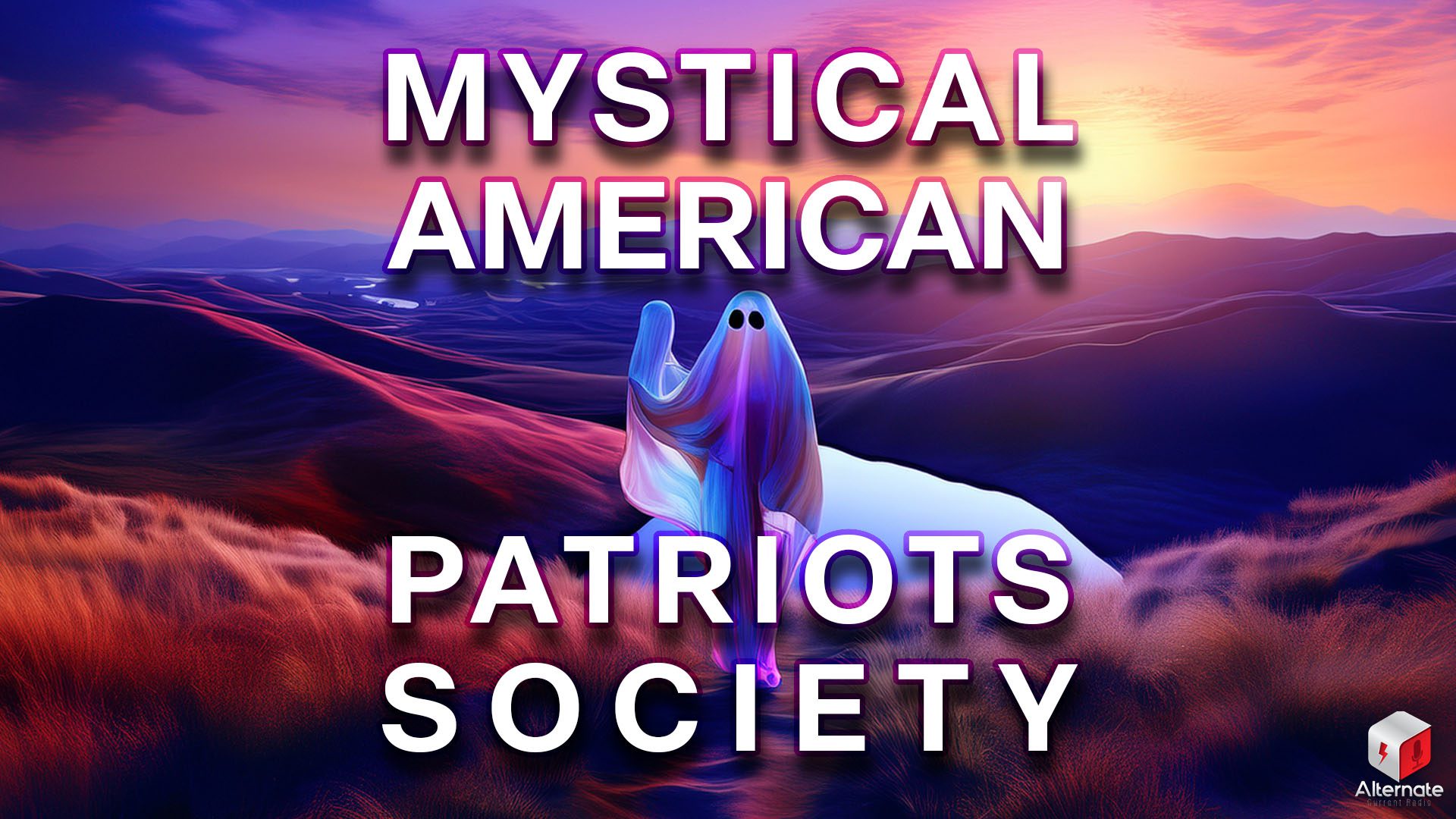 Boo! A person draped in a white sheet with two black eye holes, giving the appearance of a classic ghost costume. They stand in the middle of a grassy field, with a winding path leading up to them, with a scenic backdrop of rolling hills and a body of water.