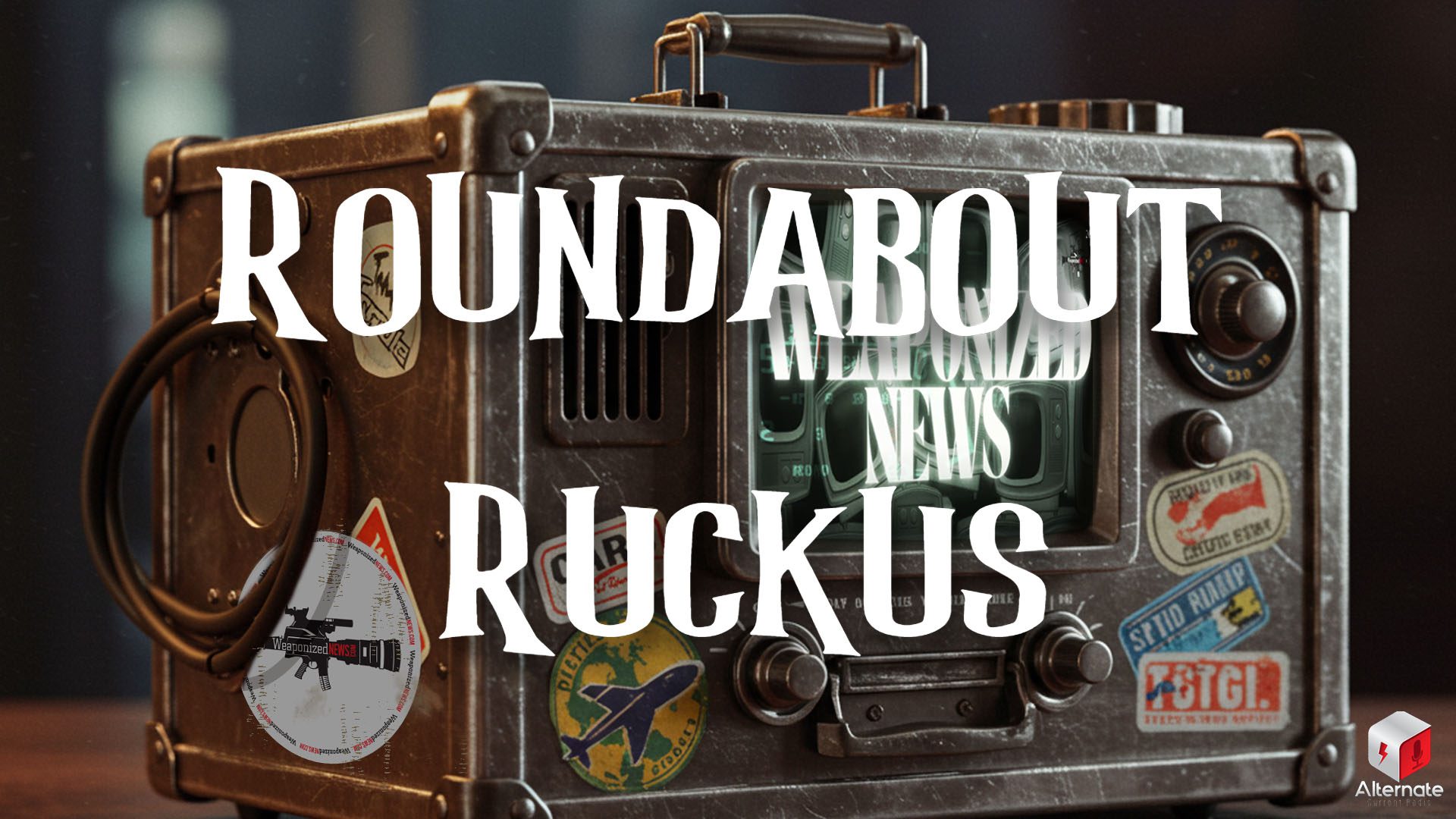 Close up of a communication device that looks like a mashup of an ammo can, a Television, and an old fashioned radio with a rugged, metallic design. It has a sturdy handle on top and a front panel filled with various knobs, dials, and a small TV screen. The device also has several passport/travel style stickers, adding to its well-worn, retro aesthetic. It looks like it has seen a lot of action, with visible scratches and wear giving it an authentic, nostalgic feel.