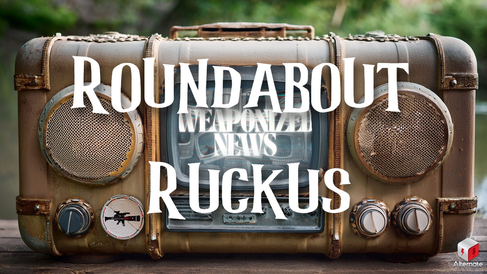 A device that looks like a combination of a retro television, a stereo boombox and a piece of luggage — with circular side speakers, aging dials, and a static-filled screen, set against a blurred outdoor background.