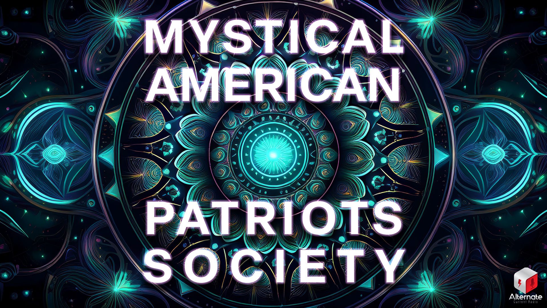 A digital mandala with a glowing blue-green center, surrounded by symmetrical patterns in shades of blue, purple, and green on a dark background.