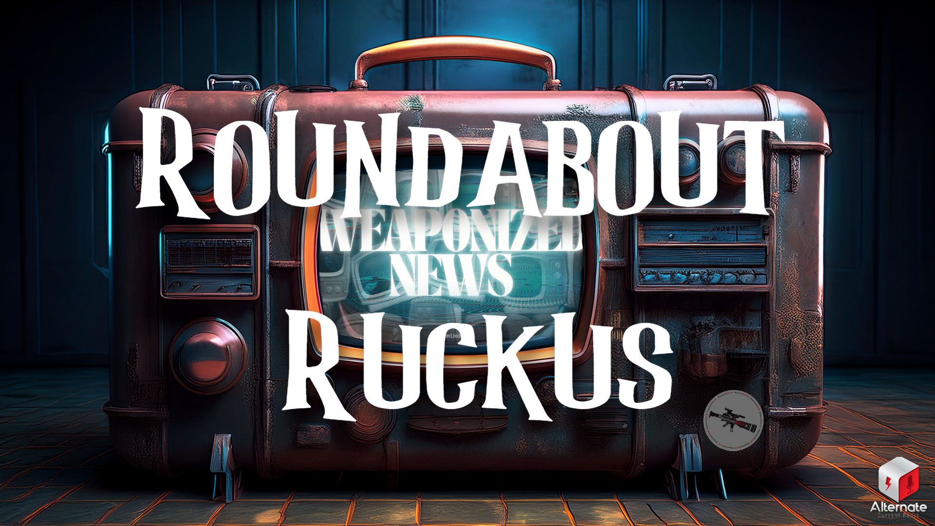 An object that looks like a combination between a piece of luggage and an old television, with a handle on top and knobs and speaker grilles on the front. The object - set in a dark, industrial environment - is displaying glowing text on a static-filled screen.