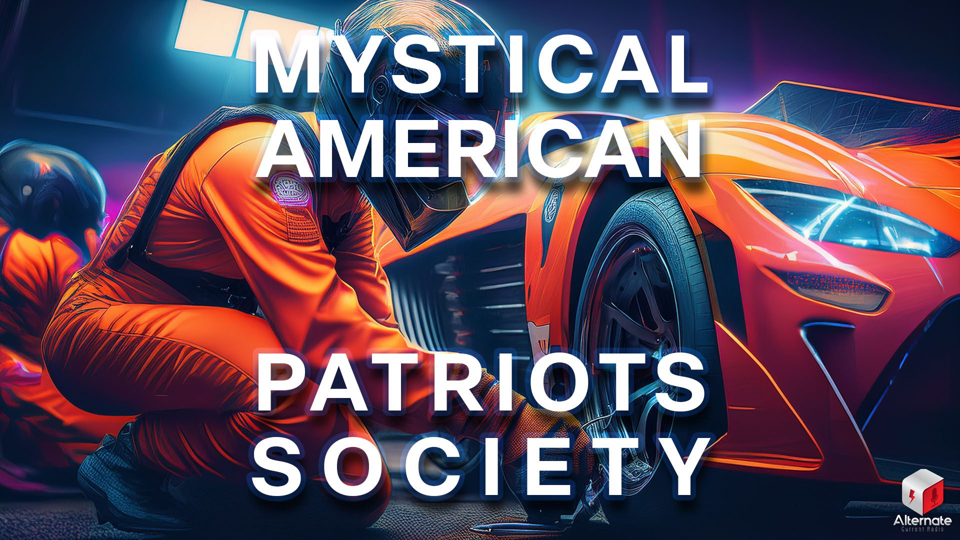 Edge of the Pit A race car pit crew in orange racing suits and helmets working on replacing the front wheel of a sleek reddish-orange sports car in a well-lit pit stop setting.