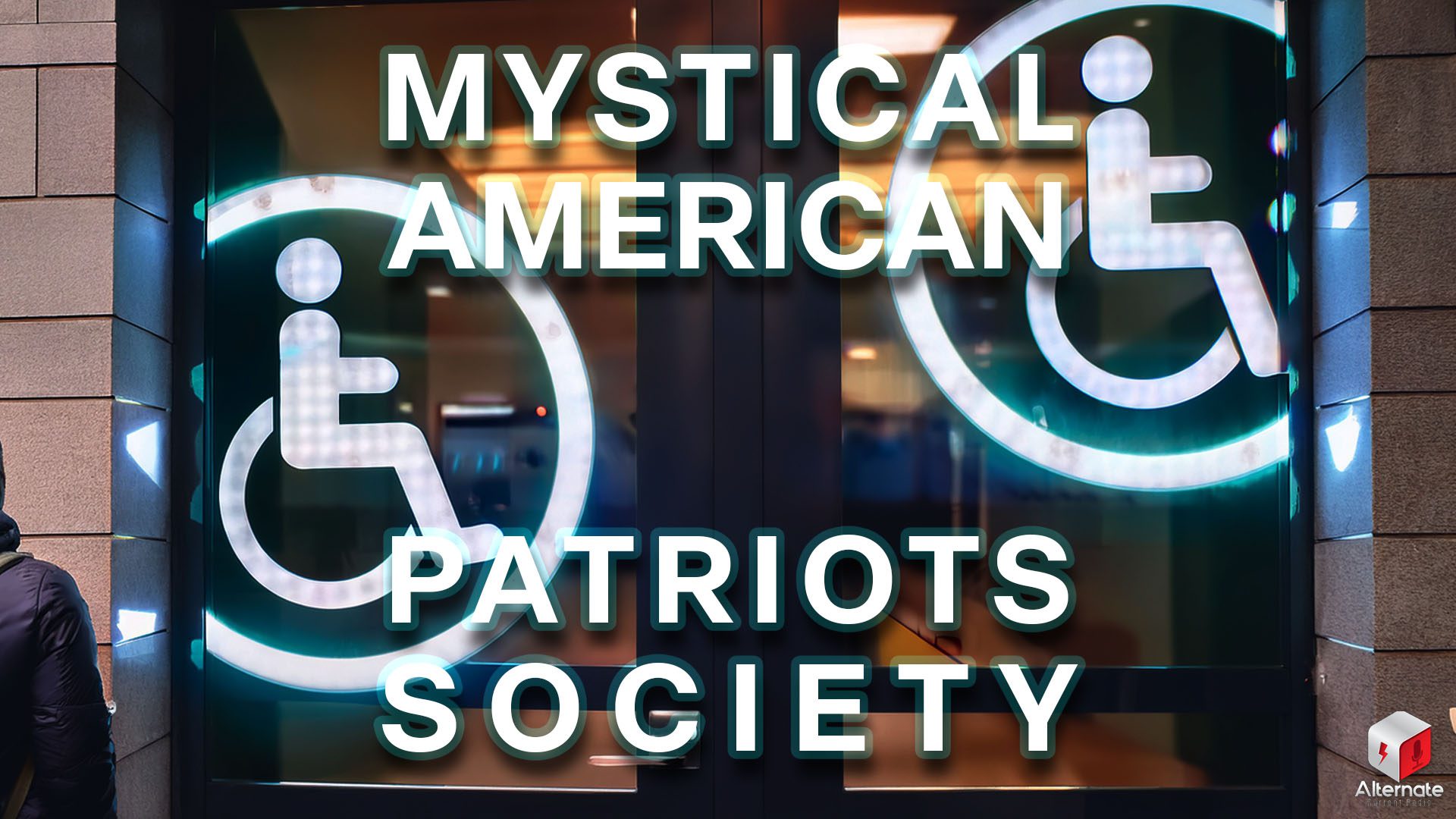 A glowing glass doorway with illuminated wheelchair accessibility symbols, artistically reimagined in a vibrant blue and teal digital art style.