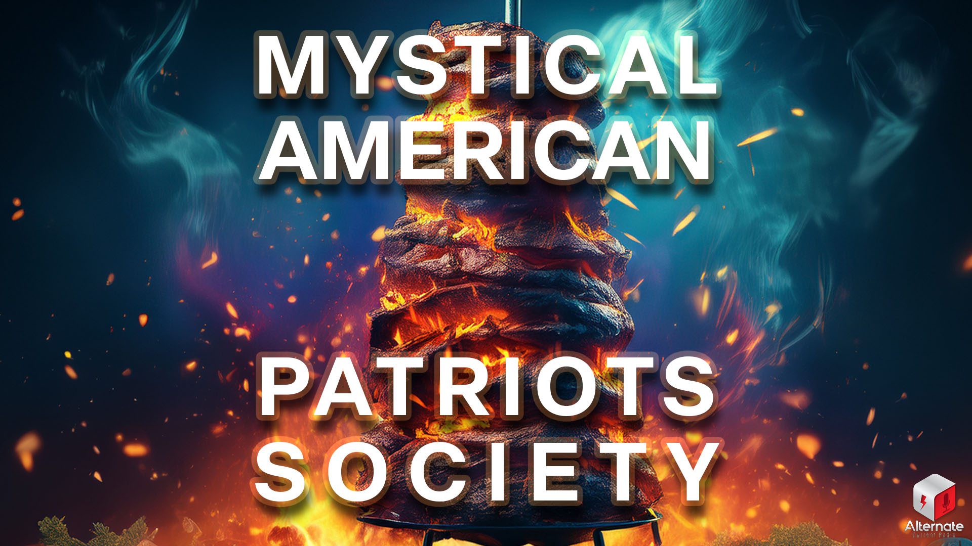 A rotating spit of charred, sizzling meat rises from a blazing fire, surrounded by billowing smoke and vivid flames against a dramatic dark backdrop.