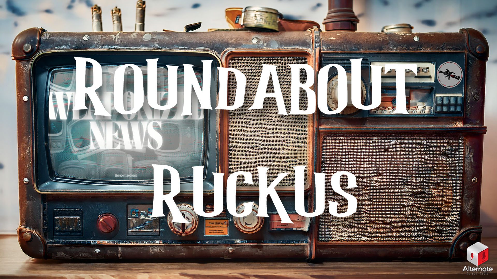 A worn and rusted makeshift device with a television screen, dials, offset speaker grilles, and antennas.