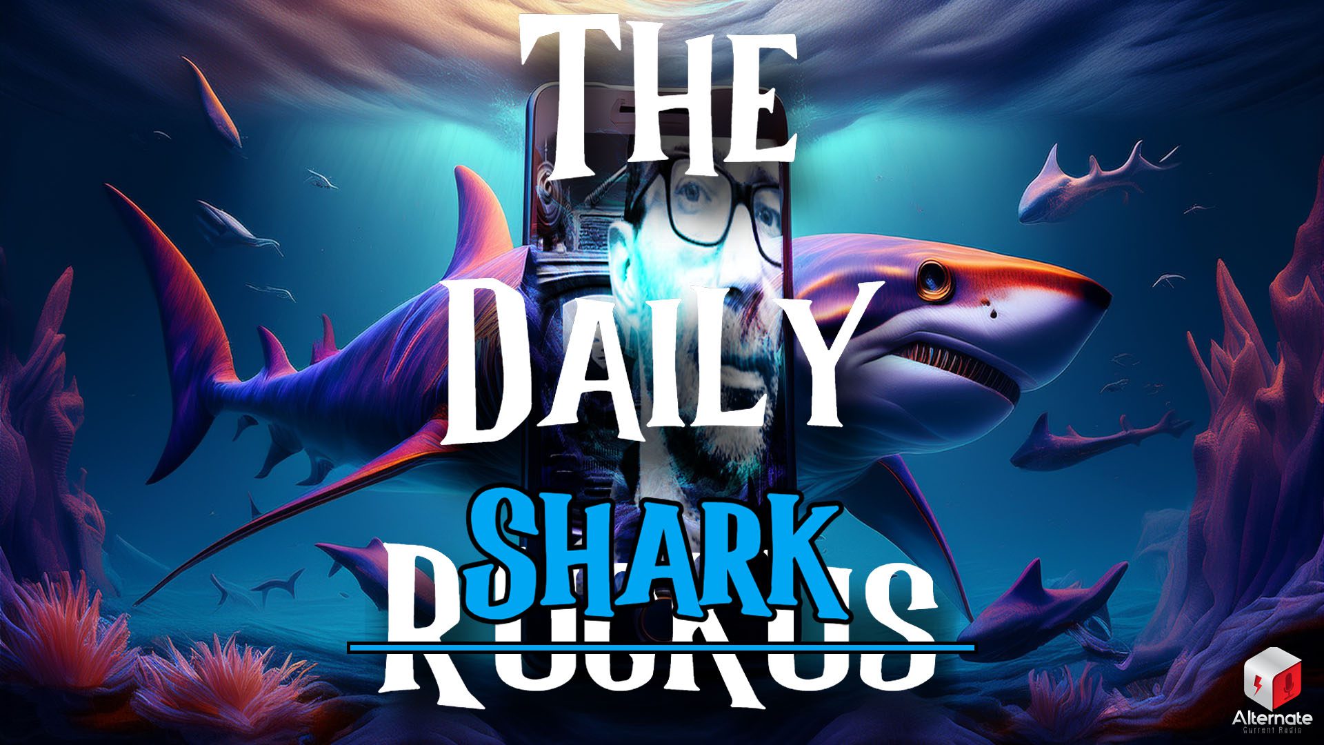 A digital underwater scene featuring a swimming shark partially hidden behind a submerged oversized smartphone