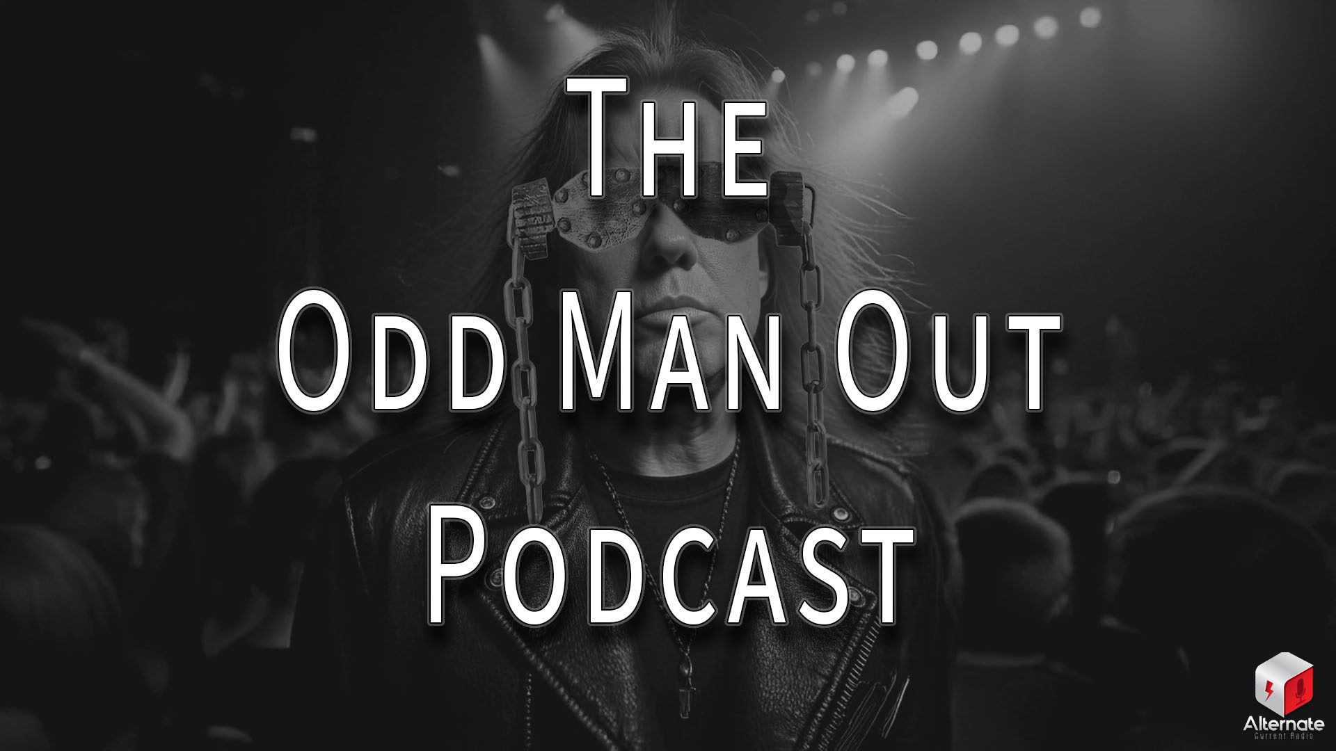 Donald Trump with long hair at a rock concert, wearing a leather jacket and a pair of novelty sunglasses adorned with chains that are dangling from the sides (like Megadeth's "Vic Rattlehead" mascot)