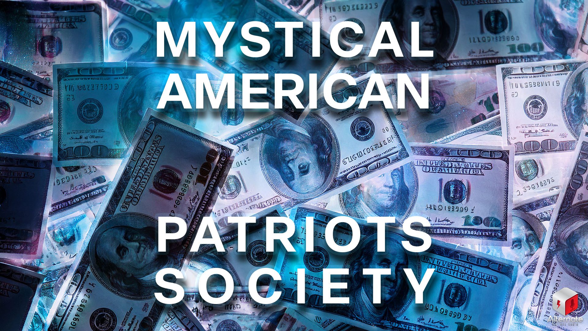 A top-down view of a pile of US $100 bills, highlighted by blue tinted glowing lights.