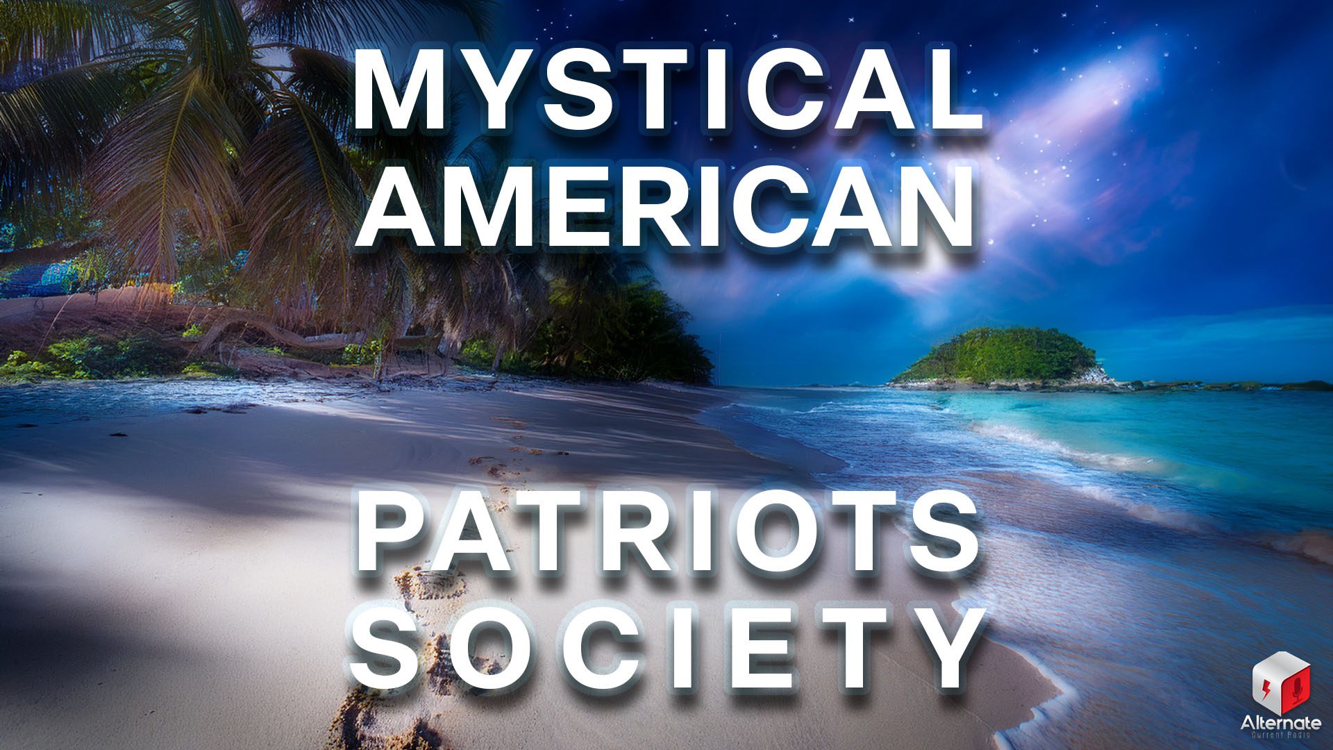 A tropical beach under a cosmic night sky, with star-filled clouds glowing above. Palm trees line the sand, alongside faint footprints.