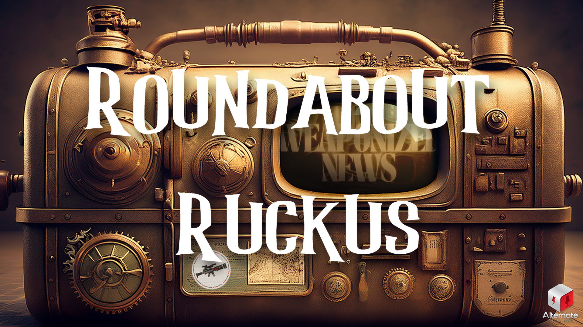 A steampunk-inspired machine with brass dials, gauges, and pipes with a CRT TV screen display surrounded by intricate mechanical details.