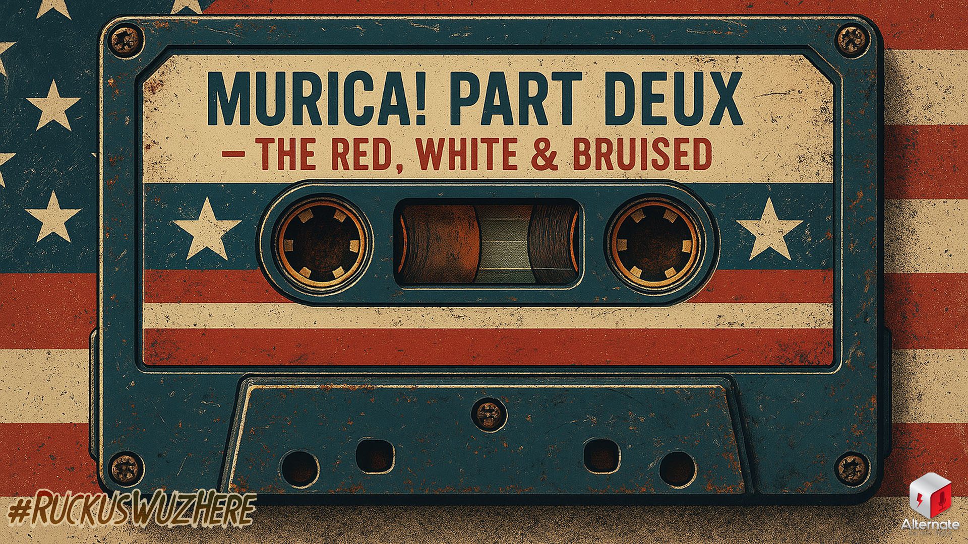 RuckusWuzHere: ‘Murica! Part Deux – The Red, White & Bruised A beat-up audio cassette resting on a textured surface. The cassette is scuffed and worn, with Red, white, and blue accents contrasted against gritty, muted tones.