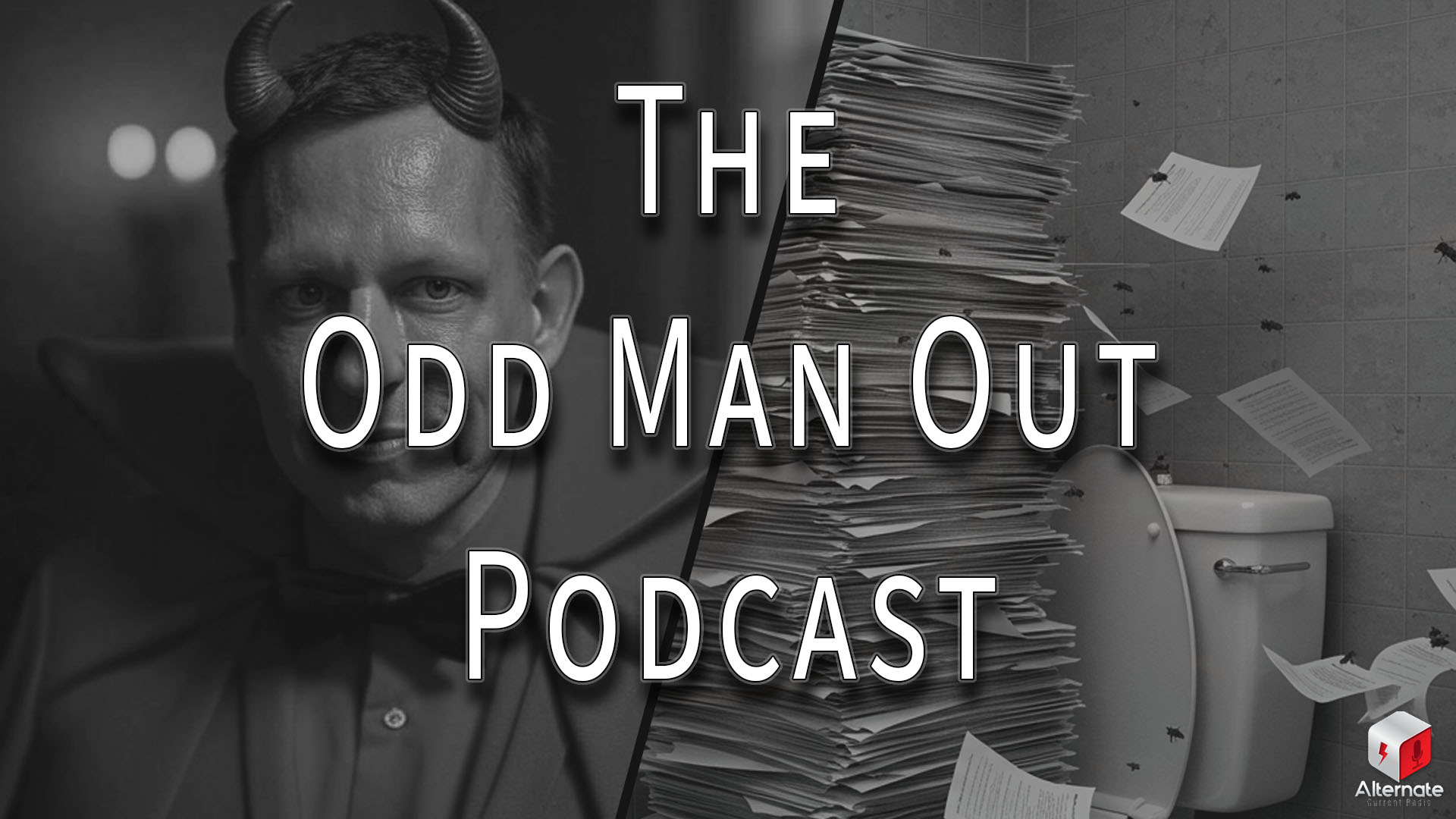 A devil-costumed Peter Thiel stands beside a chaotic bathroom scene with a towering stack of papers, flying sheets, and buzzing flies.