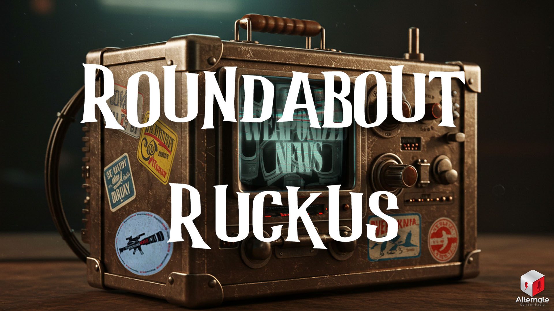 A rugged, sticker-covered broadcast device with a CRT TV display screen, surrounded by brass dials, switches, handles and military-style emblems.