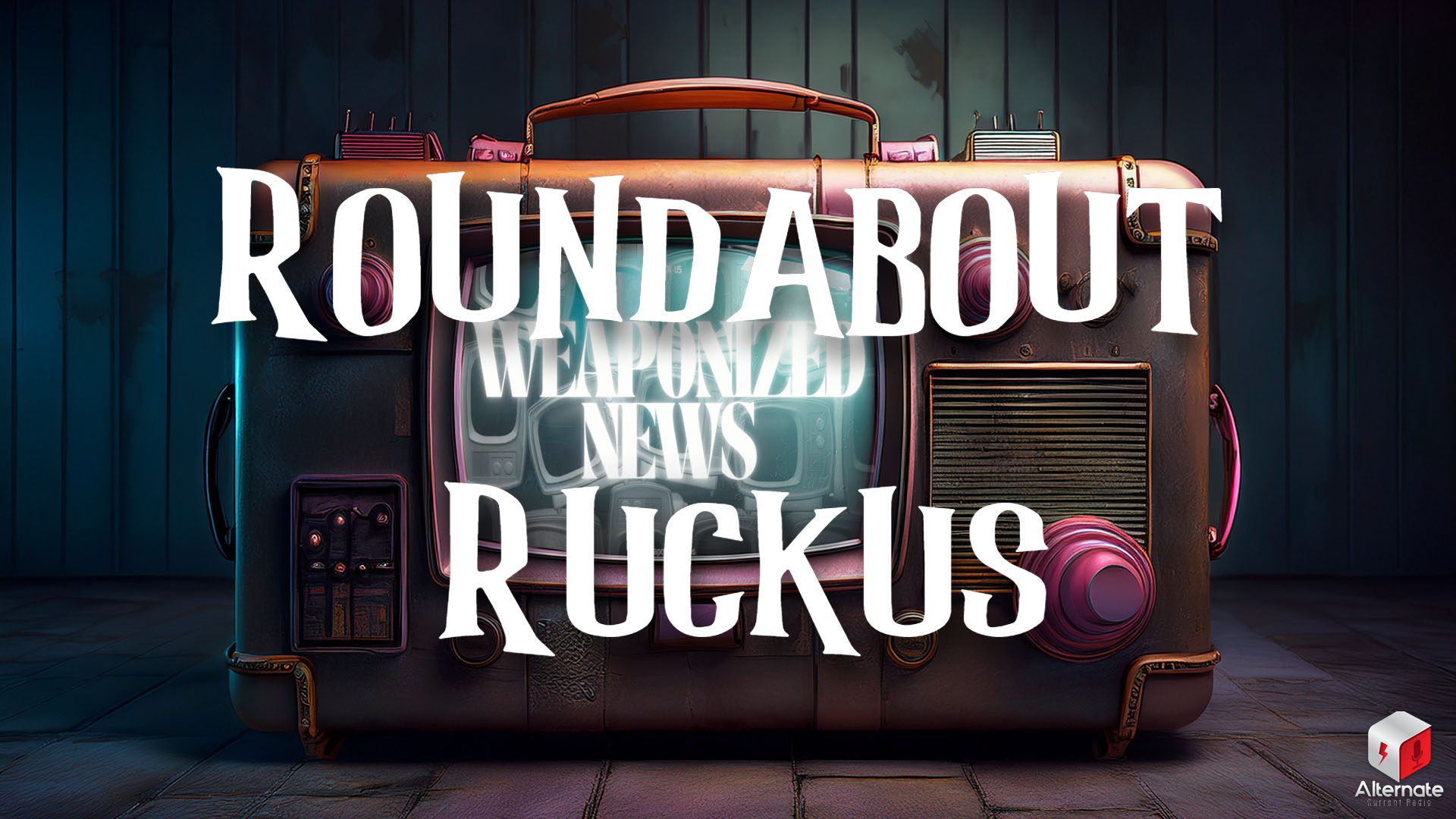 A vintage television set adorned with futuristic knobs and buttons, and carrying handles on the top and sides sits in a dimly lit room with wooden paneling.