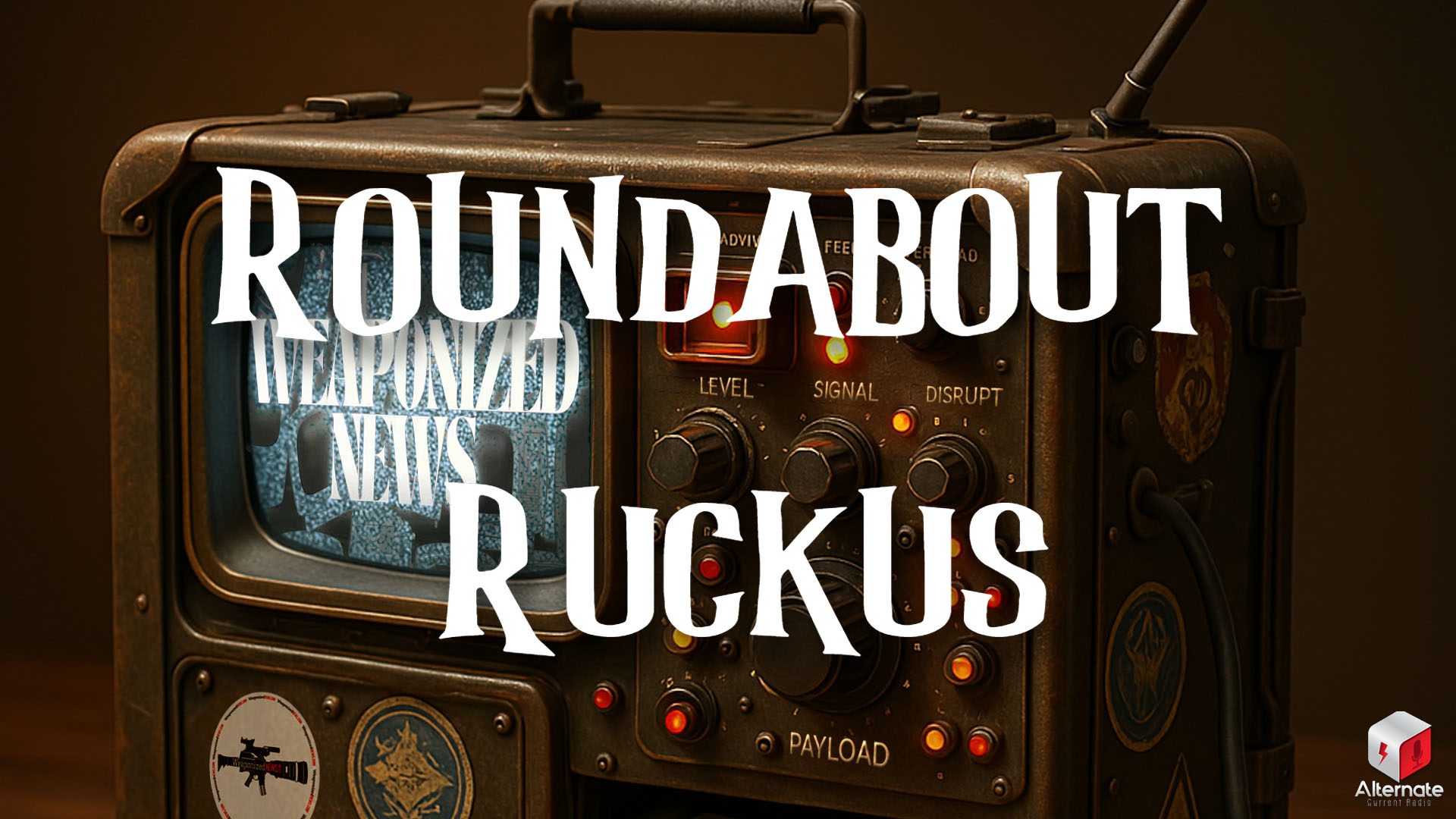 Ruckus on Weaponized News (30-JUL-25) A weathered broadcast device styled like a military suitcase, adorned with decals featuring satellites and warning symbols. The device's features a central CRT screen glowing with static beneath a thick brass frame, adjacent to a control panel with labeled switches, knobs, and red indicator lights.