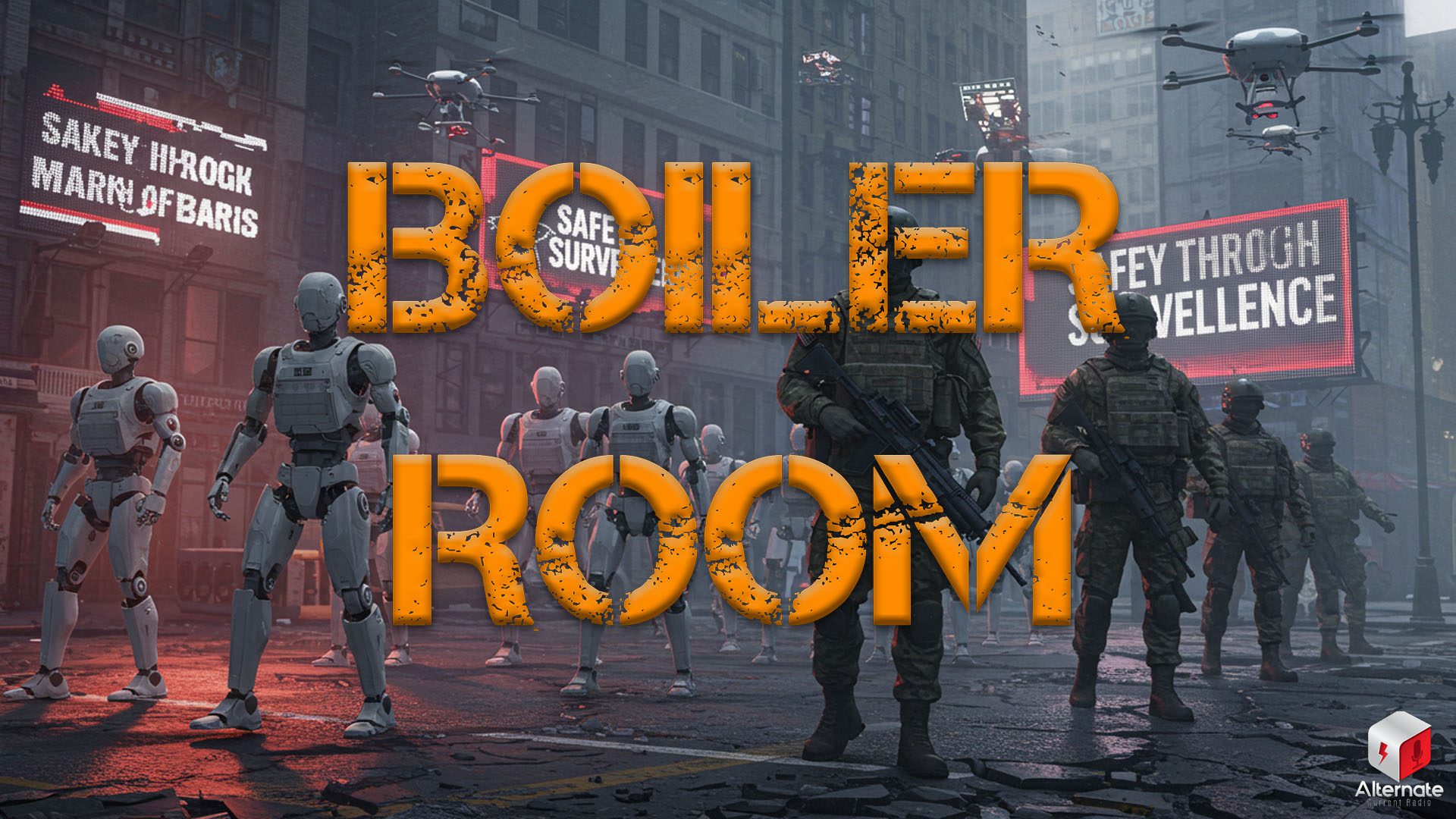 A team of humanoid robots, flying drones, and armed military men patrolling the streets in a dystopic urban setting.