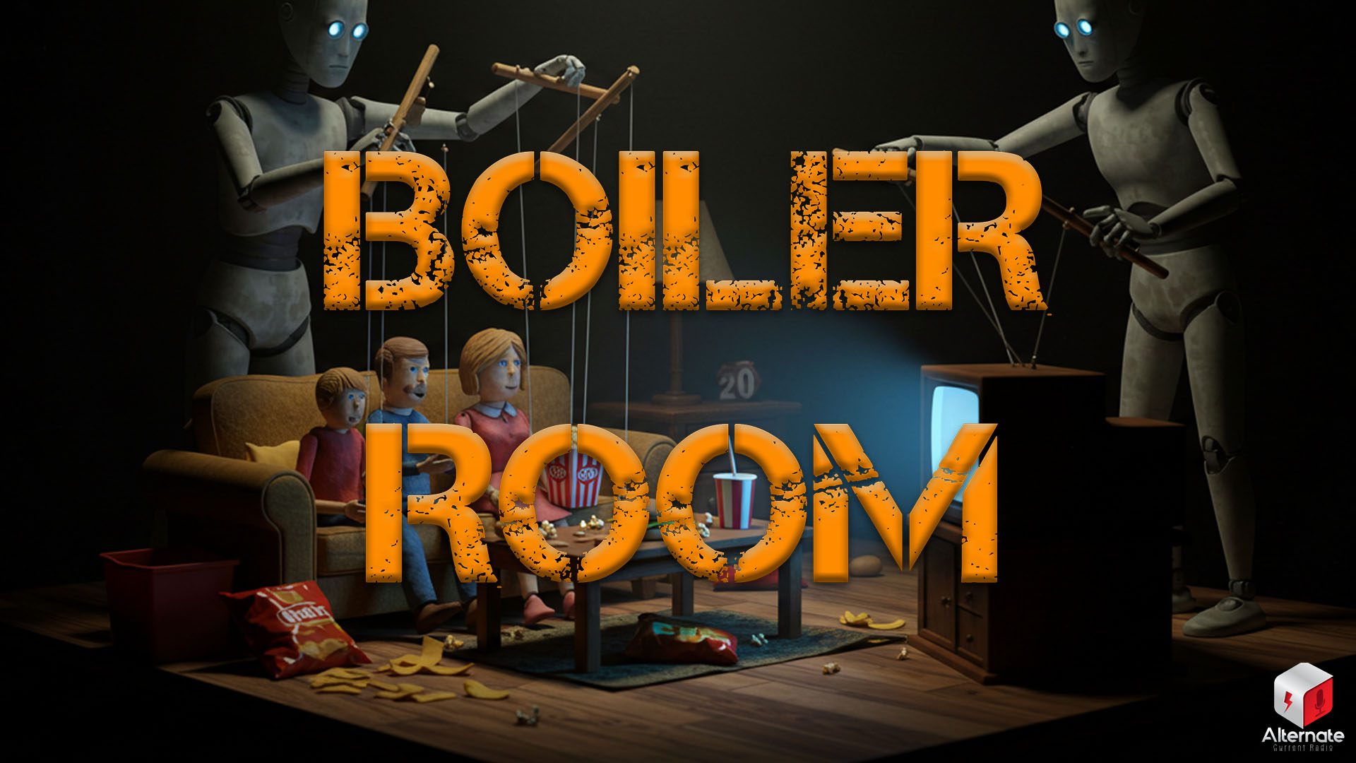 Robotic puppeters control a Television and the smaller puppets watching the TV with a Boiler Room logo over top
