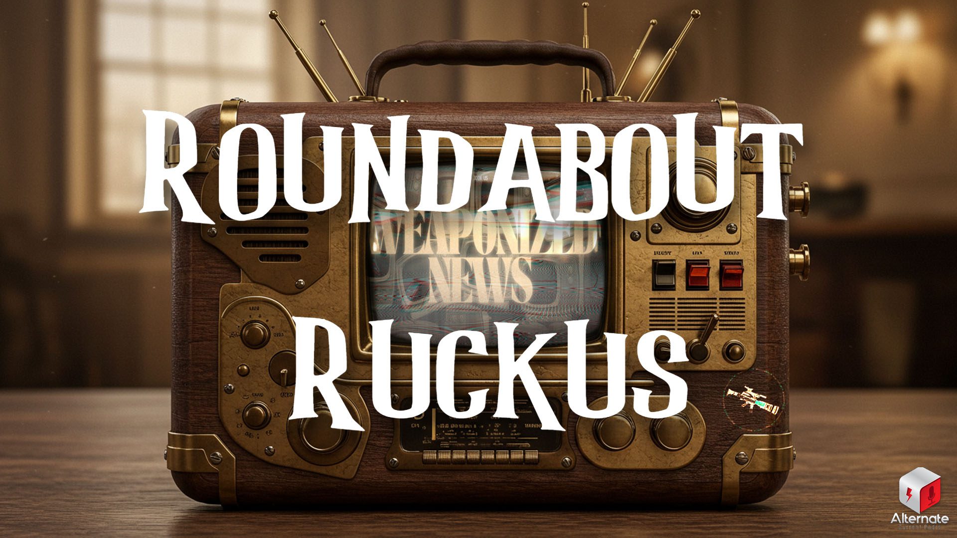 Ruckus on Weaponized News (13-AUG-25) A retro television set with brass and wood detailing and a center display surrounded by analog knobs and switches.