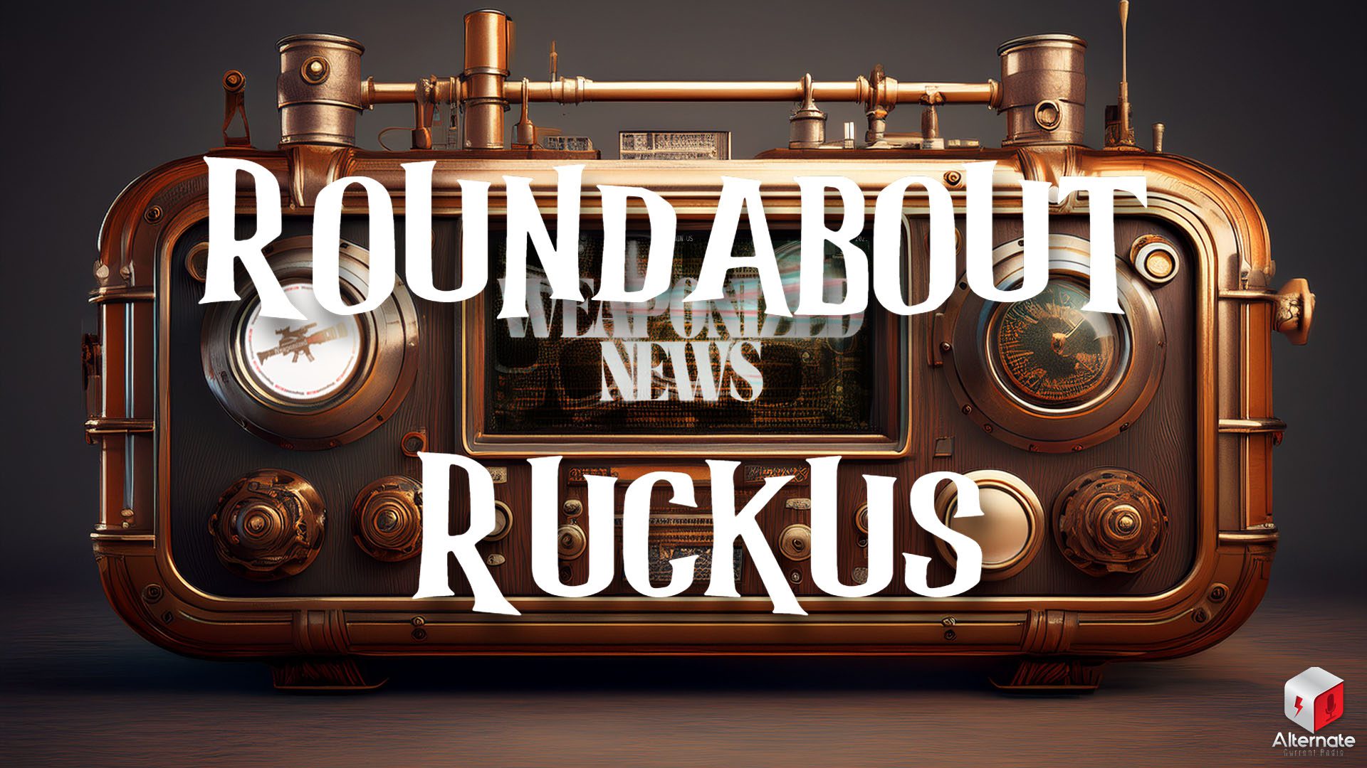 Ruckus on Weaponized News (22-AUG-25) A brass-and-copper steampunk device resembling a vintage radio or control panel, featuring intricate dials, gauges, and a central display screen.