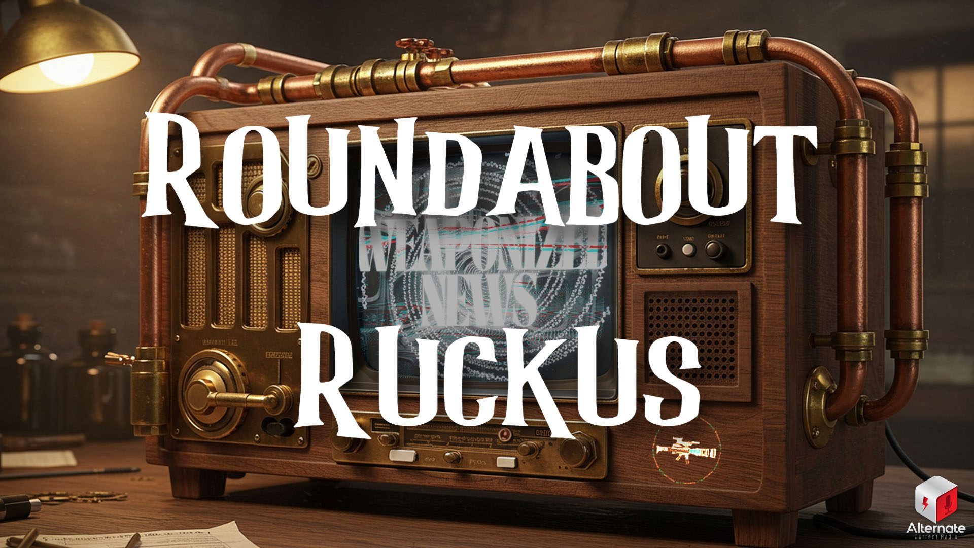 Ruckus on Weaponized News (25-AUG-25) A retro looking "steampunk" rectangular device with a wooden and brass exterior featuring a CRT display in the center, surrounded by copper pipes, knobs, and dials. The machine sits on a desk cluttered with papers, a pen, and lab glassware.