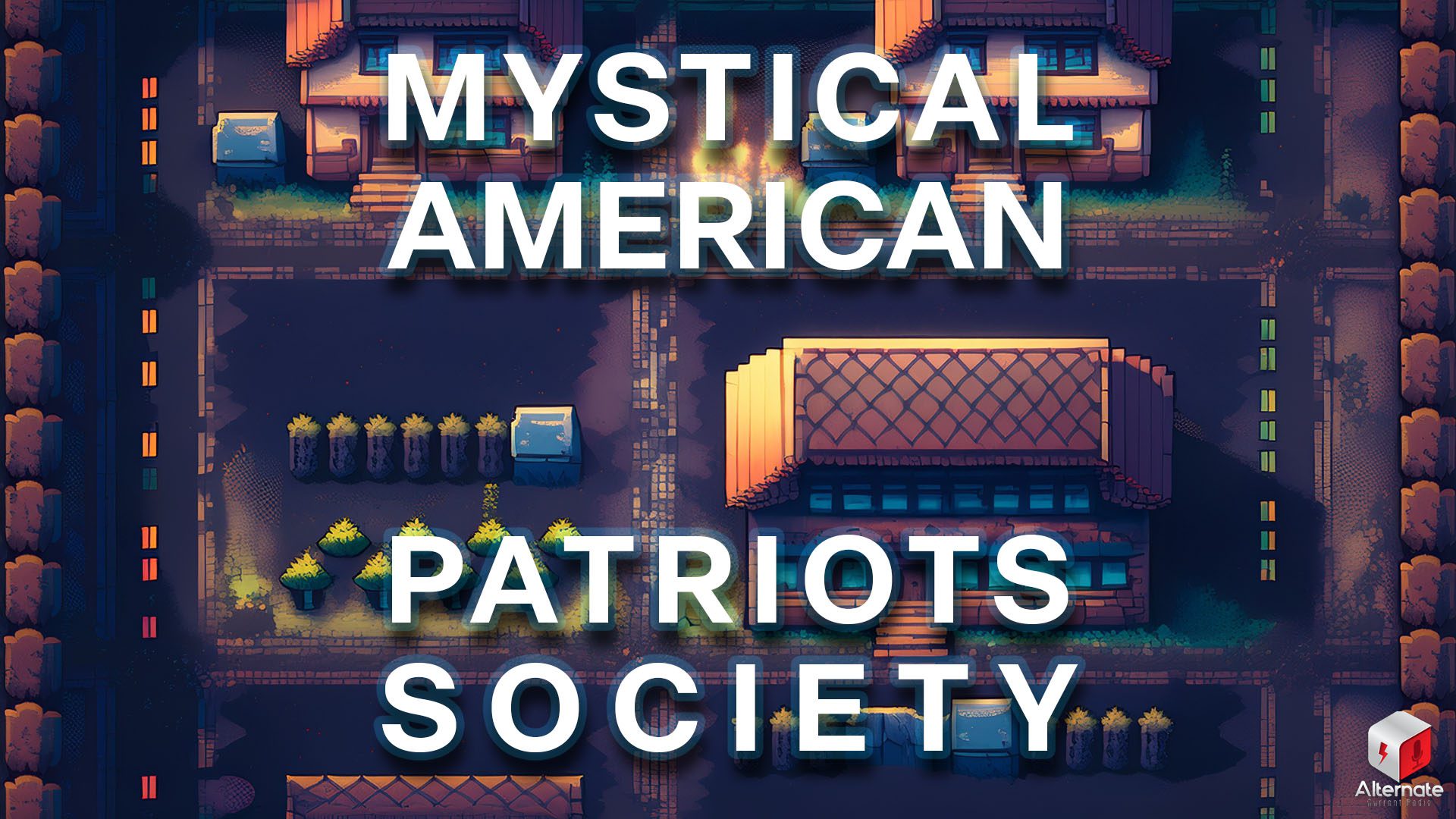 A pixel-art village inspired by classic RPG video game aesthetics, featuring three quaint buildings arranged in a grid on a grassy landscape.