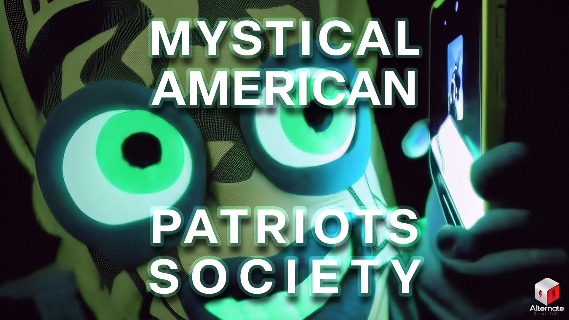 Money Shot A surreal close-up of a glowing character with large green eyes and a wide neon mouth, holding a smartphone that emits a matching glow.