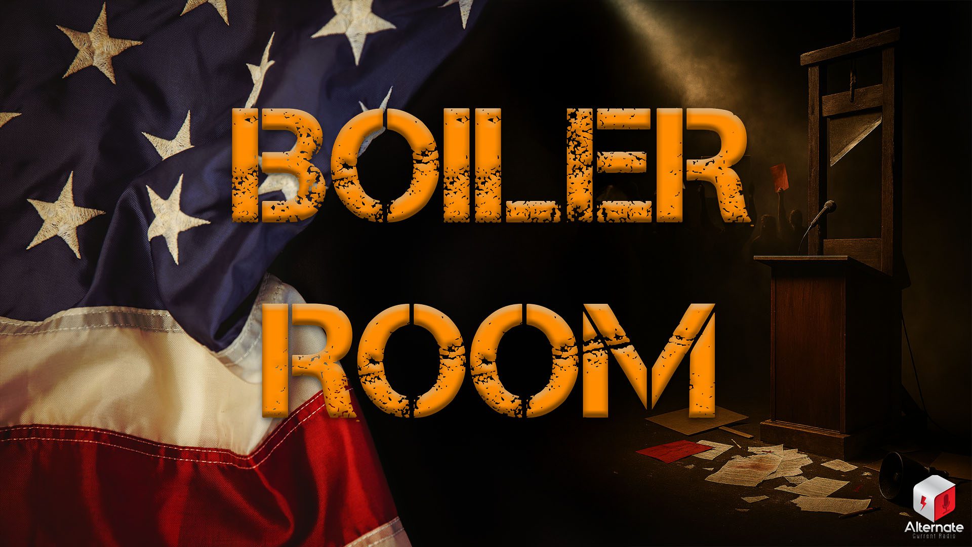 An image featuring a split composition. On the left side, a close-up of the United States flag shows stars and stripes with visible folds, appearing to wave gently. On the right side, a wooden guillotine stands under a spotlight in a dark setting. A microphone is mounted to the guillotine’s stand, and scattered papers lie on the floor around it. In the background, shadowy figures hold protest signs, partially obscured by darkness.