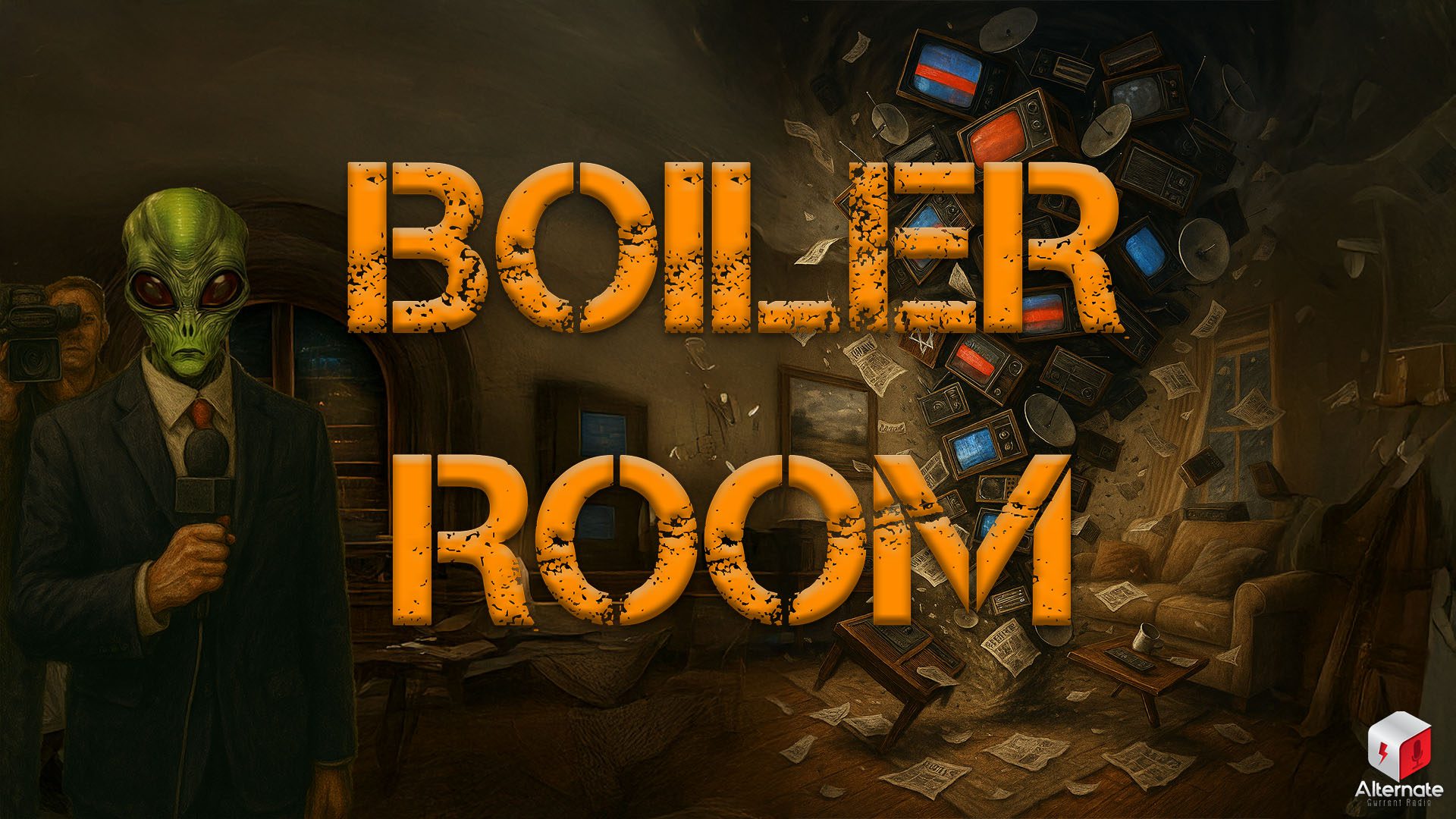 Alt Text: An alien news reporter in a suit holds a microphone inside a dimly lit room, while a swirling vortex of televisions, radios, and scattered papers erupts behind him. Title: Media Spiral Caption: Artwork by Ruckus Description: "Media Spiral" - Created by Ruckus using Photoshop and AI-generated content (Adobe Firefly) for Boiler Room