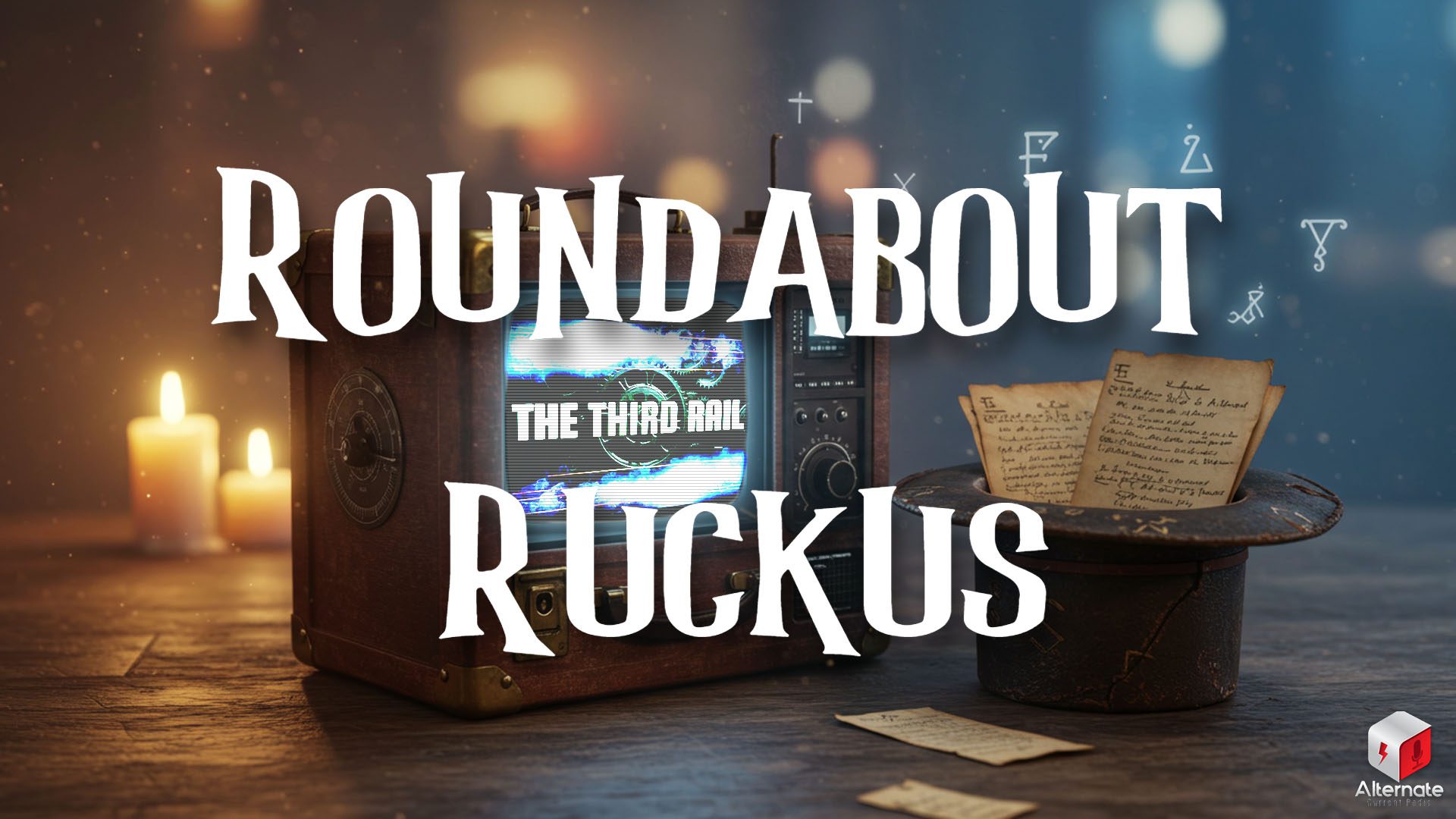 A vintage wooden television-radio hybrid device sits on a table beside a magician’s top hat filled with aged parchment notes. The screen glows white, casting soft light on the surrounding candles and handwritten papers. Floating around the device are glowing runes and cryptic symbols.