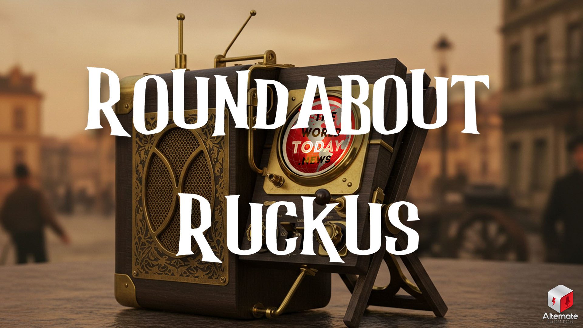 A vintage-style radio and television hybrid device sits on a table in an outdoor setting, adorned with ornate gold detailing, knobs, and switches.