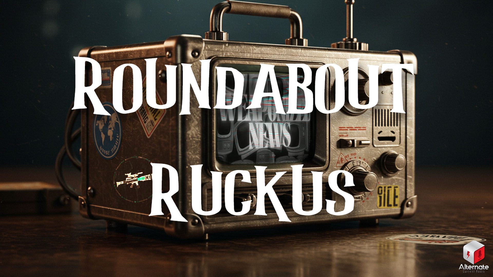 A vintage-style television-radio hybrid device with a metallic casing sits on a wooden surface, adorned with stickers and labels. The screen displays “WEAPONIZED NEWS” in bold, stylized letters.