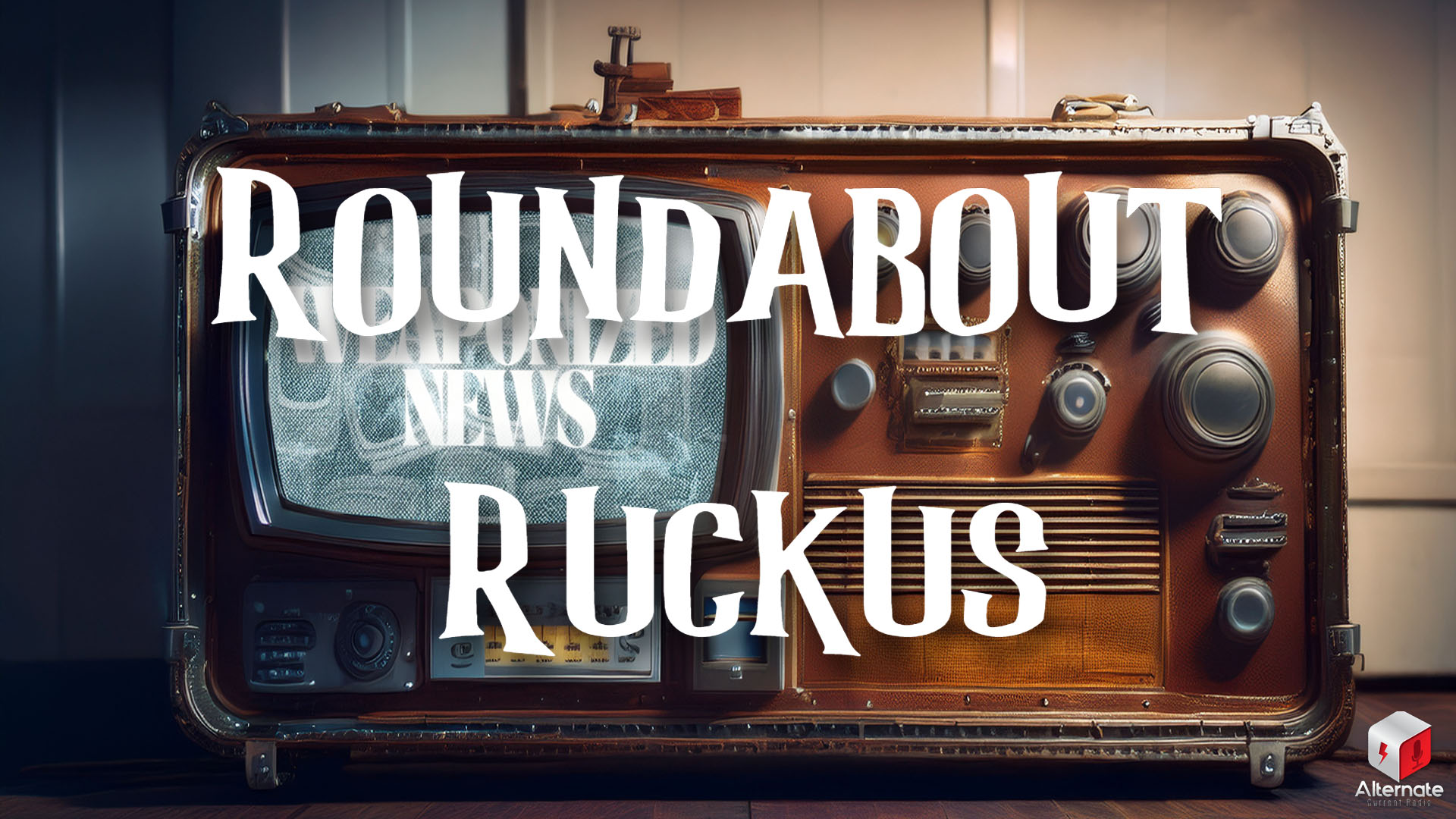 Ruckus on Weaponized News (10-SEP-25) A vintage television-radio hybrid device with a leather-textured casing and metallic rivets sits in a softly lit room with wooden paneling. The screen displays “WEAPONIZED NEWS” in bold white letters. The device is covered in exaggerated knobs, dials, and switches.
