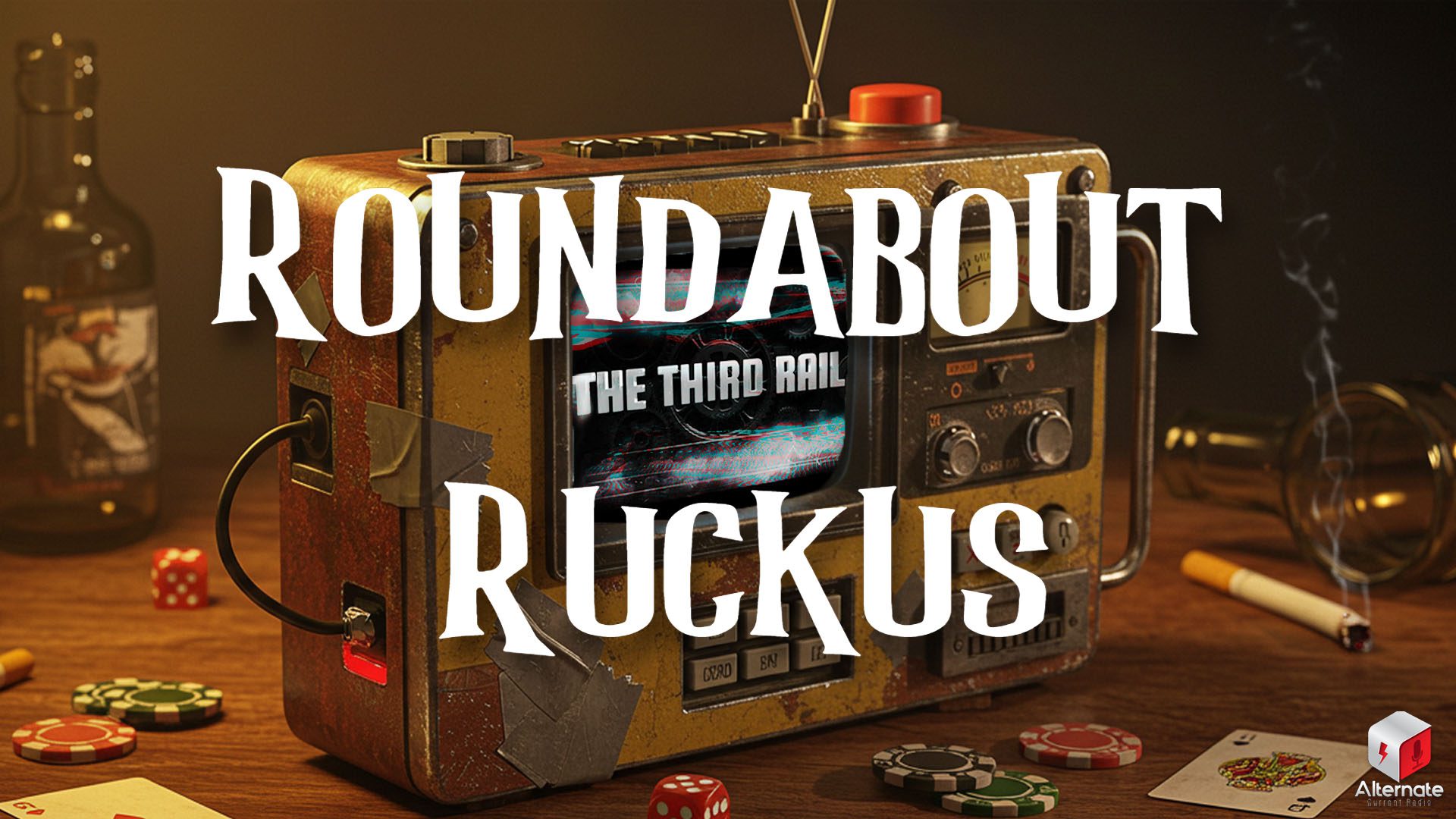 Ruckus on The Third Rail with Natureboy – “Friday Night Wildcard Show” A vintage-style television-radio hybrid device with a metallic casing sits on a wooden surface, adorned with stickers and labels. The screen displays “WEAPONIZED NEWS” in bold, stylized letters.