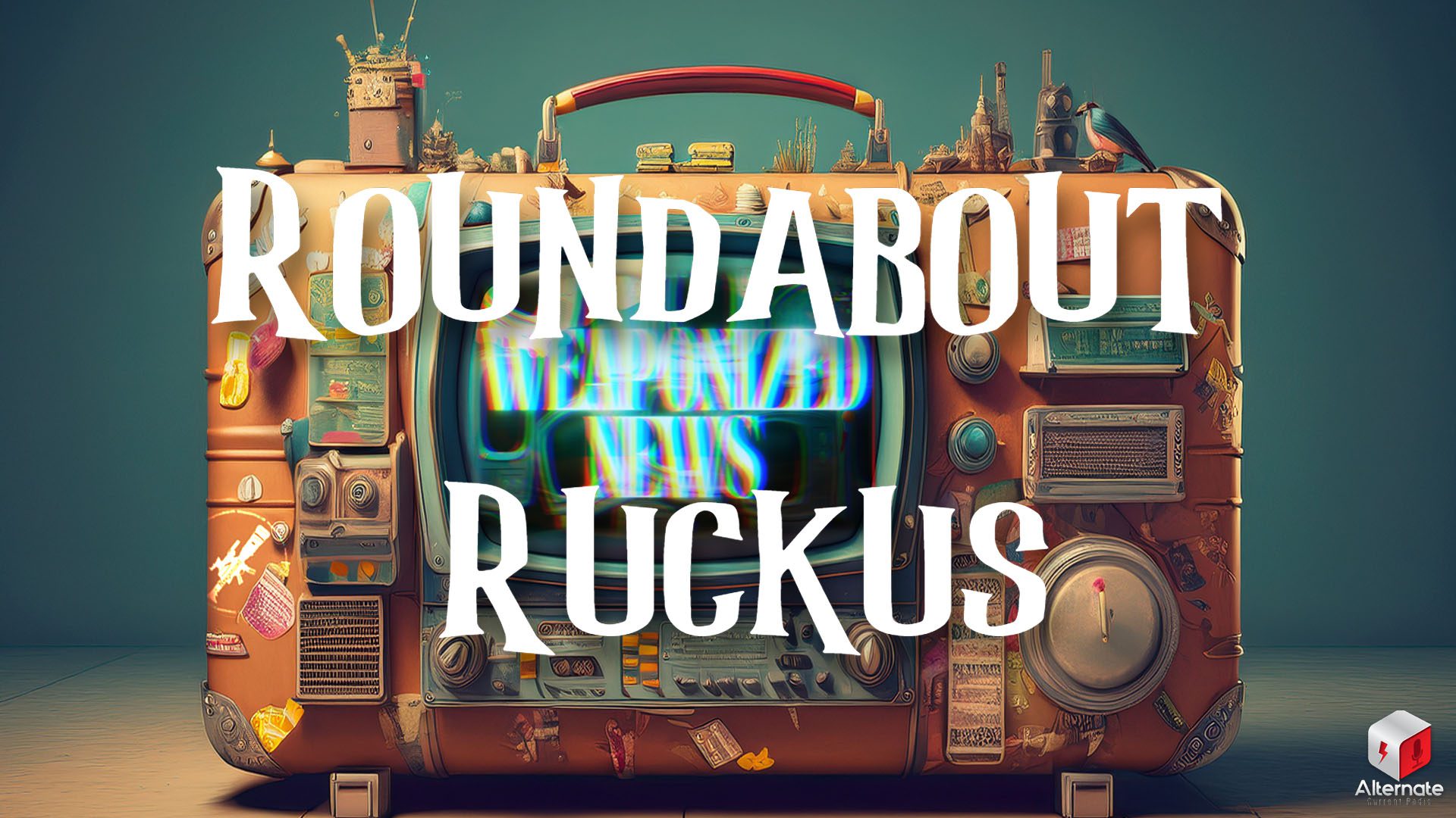 Ruckus on Weaponized News (26-SEP-25) A retro TV set decorated with miniature objects and figurines displays the phrase “WEAPONIZED NEWS” on its screen, surrounded by surreal, chaotic embellishments.