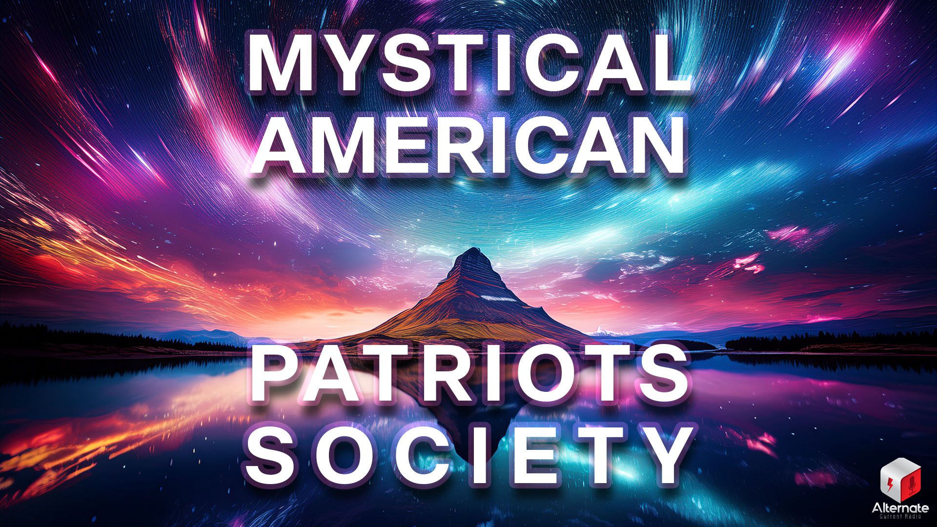 Celestial Mirror A surreal landscape features a towering mountain peak perfectly reflected in a calm body of water. Above, the sky swirls with vibrant aurora-like colors — purples, blues, greens, and pinks.