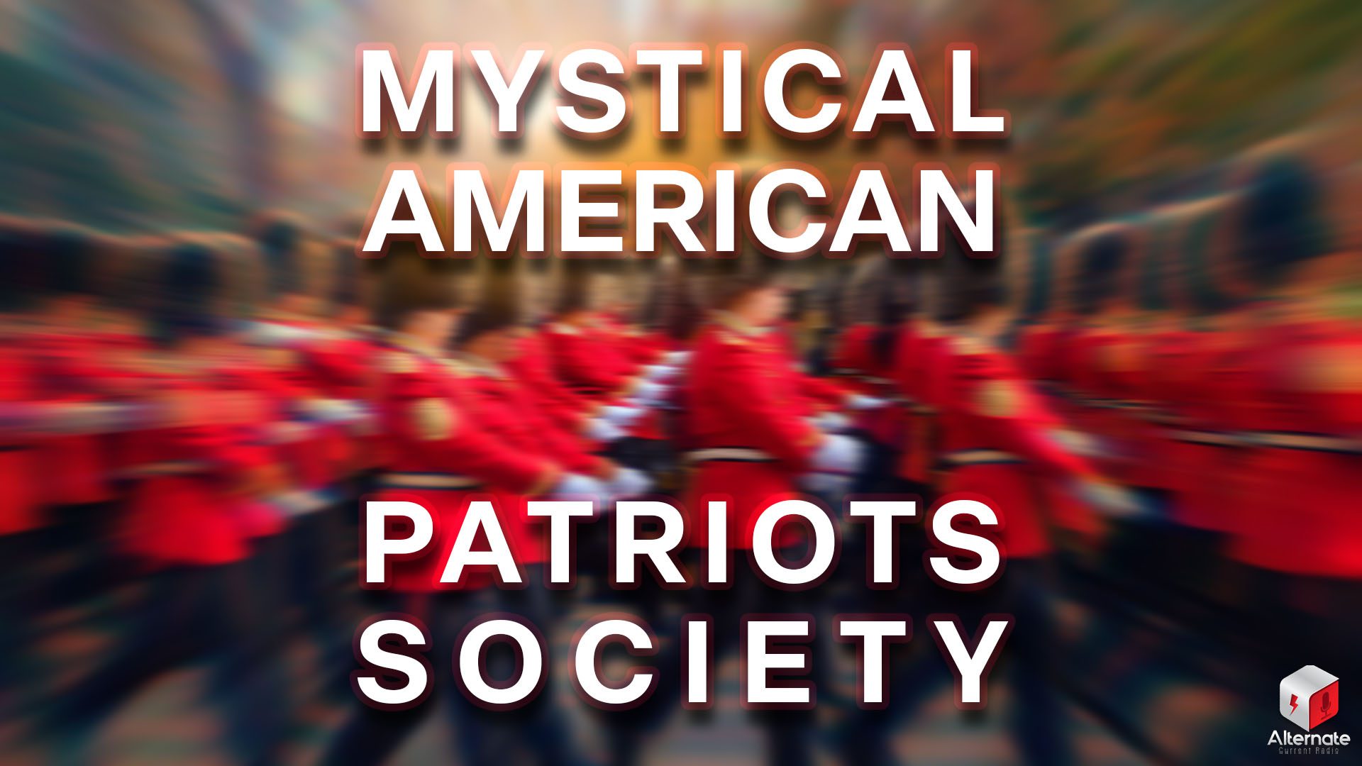 The Crown’s Choreography A stylized "action" shot of a group of British Queen’s Guard marching in perfect formation outdoors, dressed in red tunics and tall black bearskin hats.