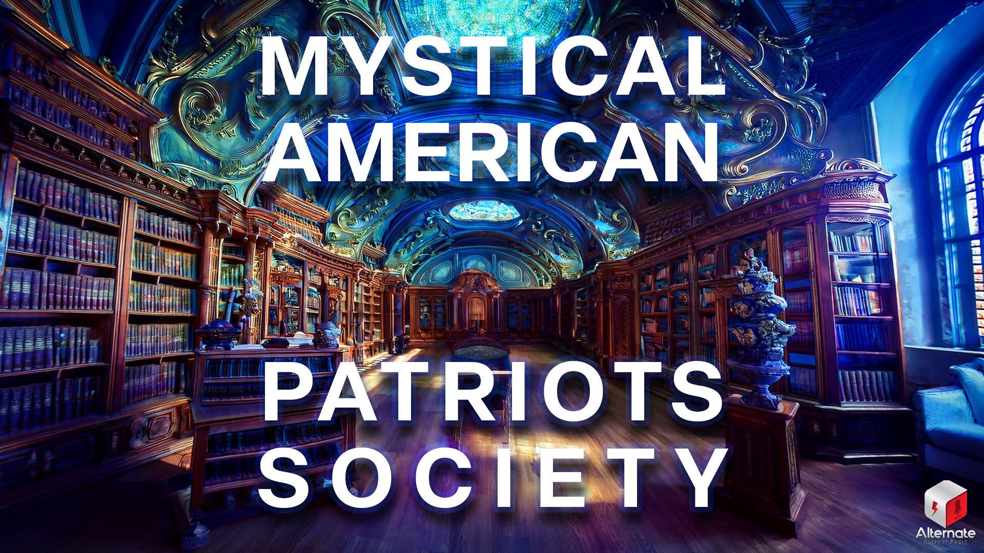 The Gilded Archive An opulent, surreal library interior features towering wooden bookshelves, glowing blue stained glass domes, and swirling golden ceiling embellishments. A single chair faces a small table at the center of the polished wooden floor.