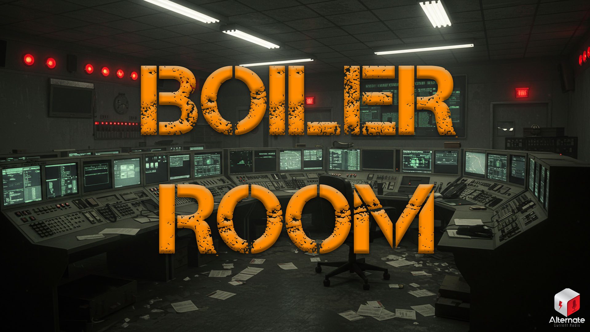 An empty dimly lit control room with a semi-circular console of active monitors displaying data and system interfaces, scattered papers on the floor, and red emergency lights glowing above the doors.