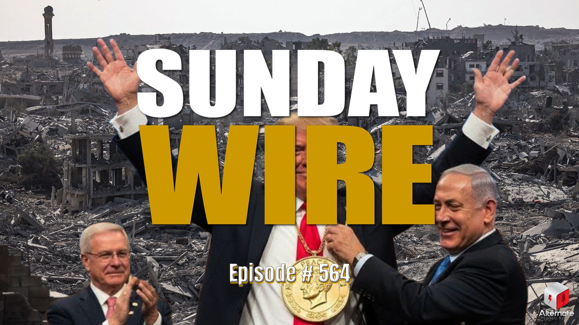 Destroyed landscape in Gaza in the background with a popular AI created image of Bibi awarding Trump the Nobel Peace Prize. Sunday Wire Logo atop.