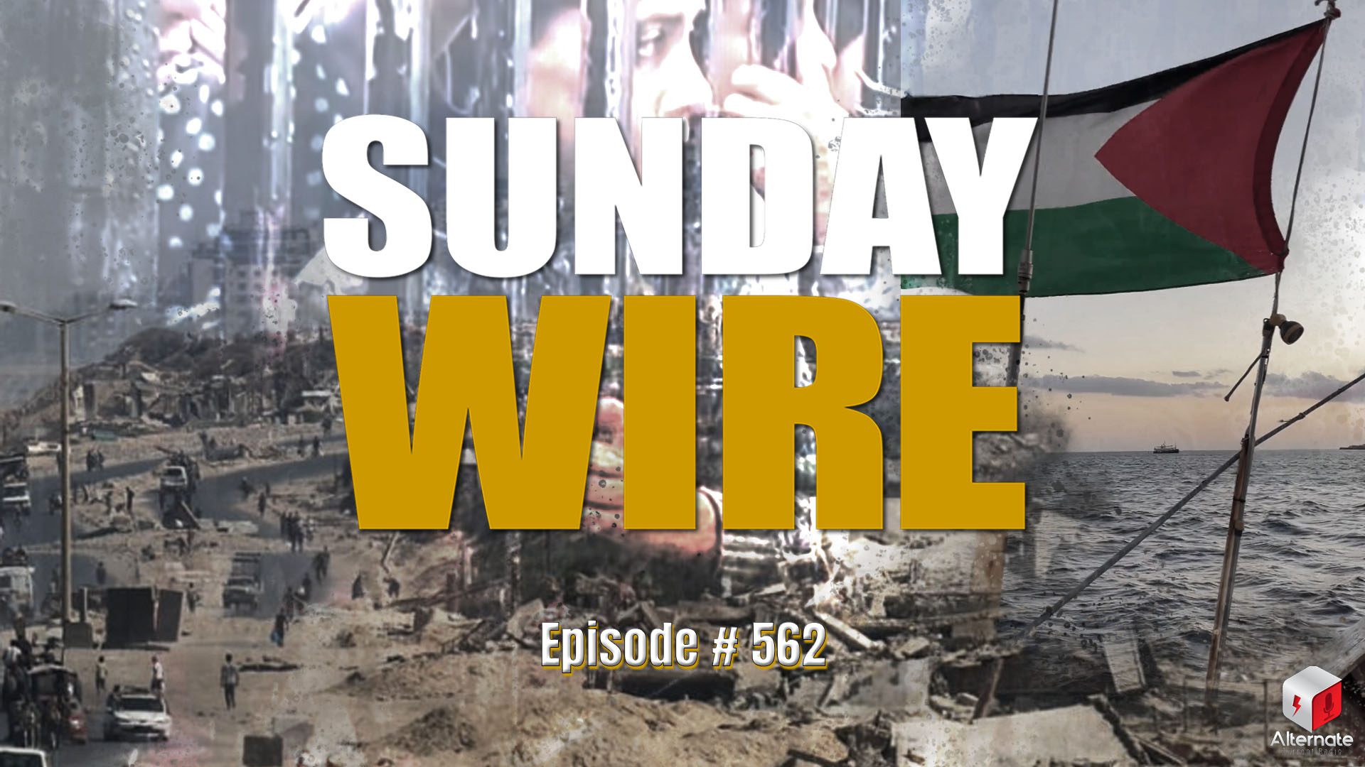 A war torn Palestinian Flag, a landscape of rubble and the hungry faces of children attempting to receive food in Gaza