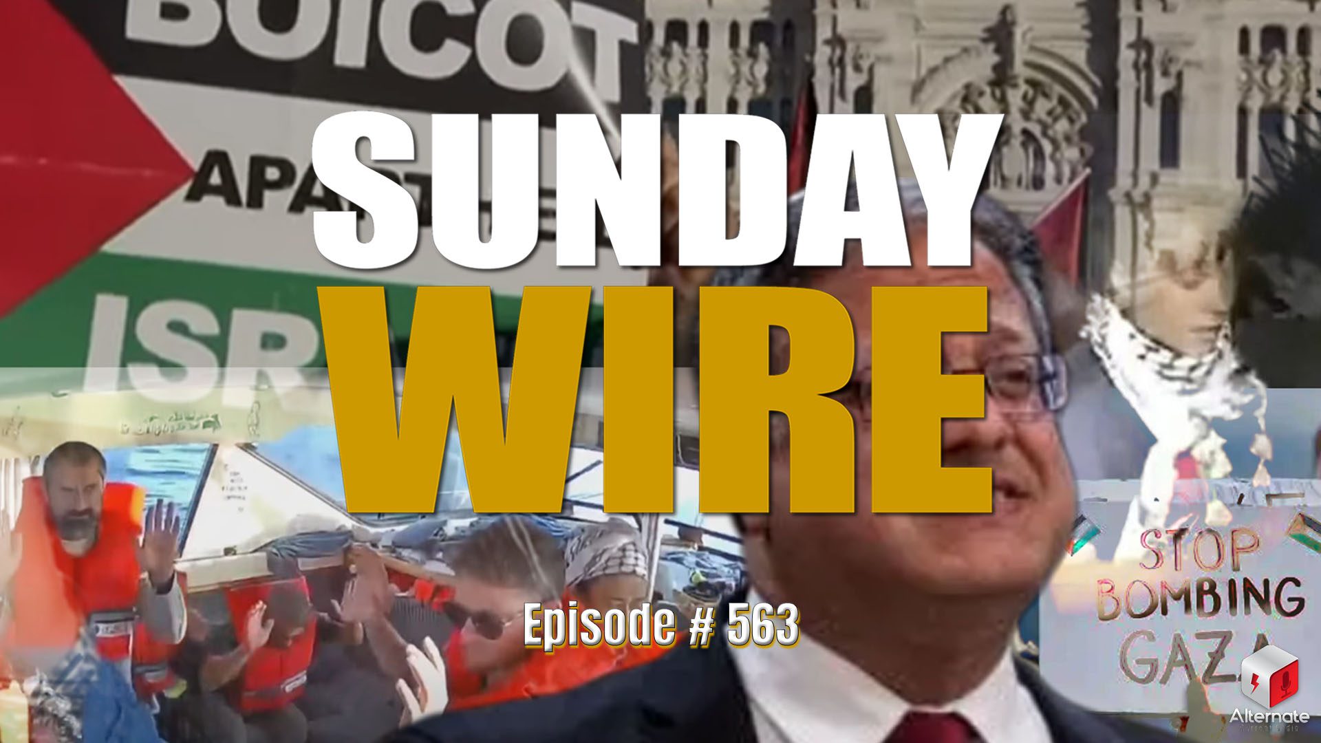 A profile of Itamar Ben-Gvir juxtaposed against a background collage of Global Sumud Flotilla activists, Greta Thunberg, and protestors holding signs that say "Boycott Israel" and "Stop Bombing Gaza"