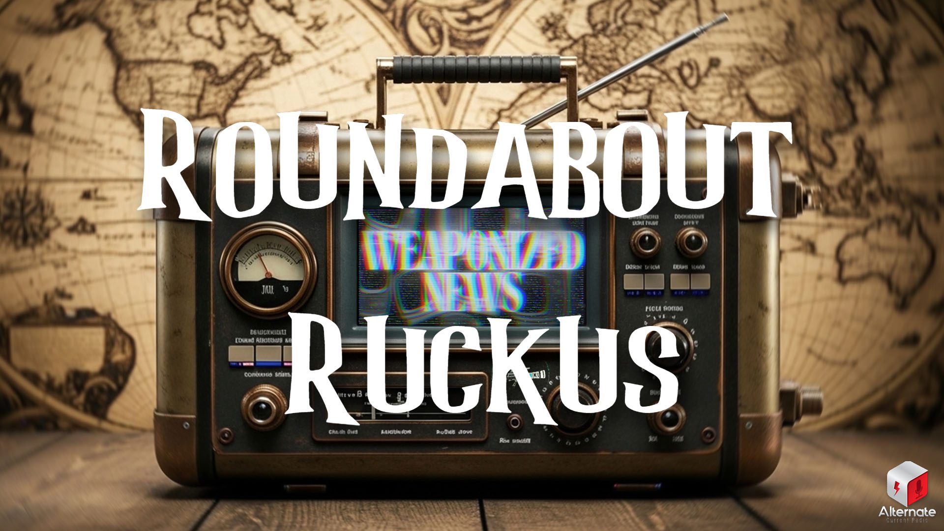 Ruckus on Weaponized News (08-OCT-25) A vintage-looking broadcast device with a static-filled screen, analog dials, and labeled switches sits on a wooden surface, framed by an antique world map in the background.