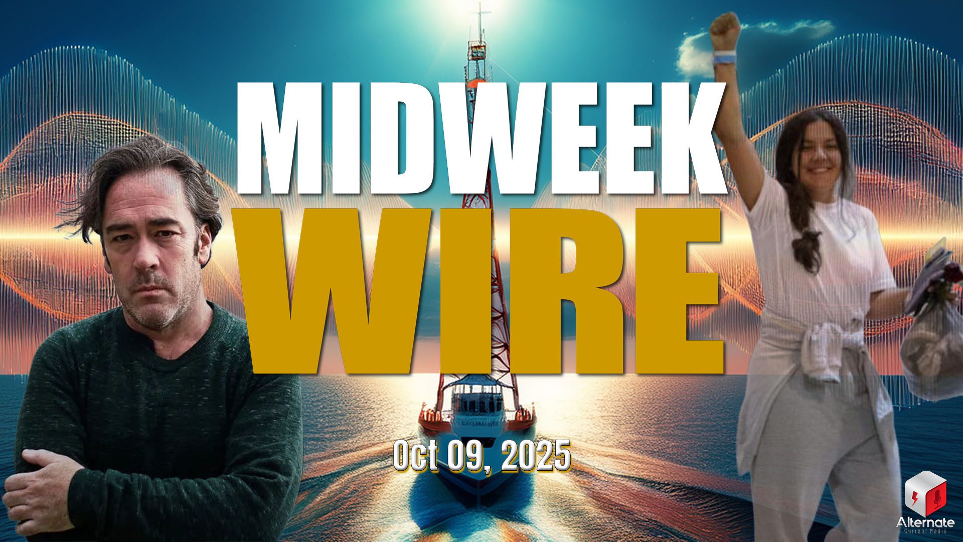 A boat sails on calm water, with a central antenna tower radiating symmetrical waveforms over the water, against a stylized, high-tech backdrop.