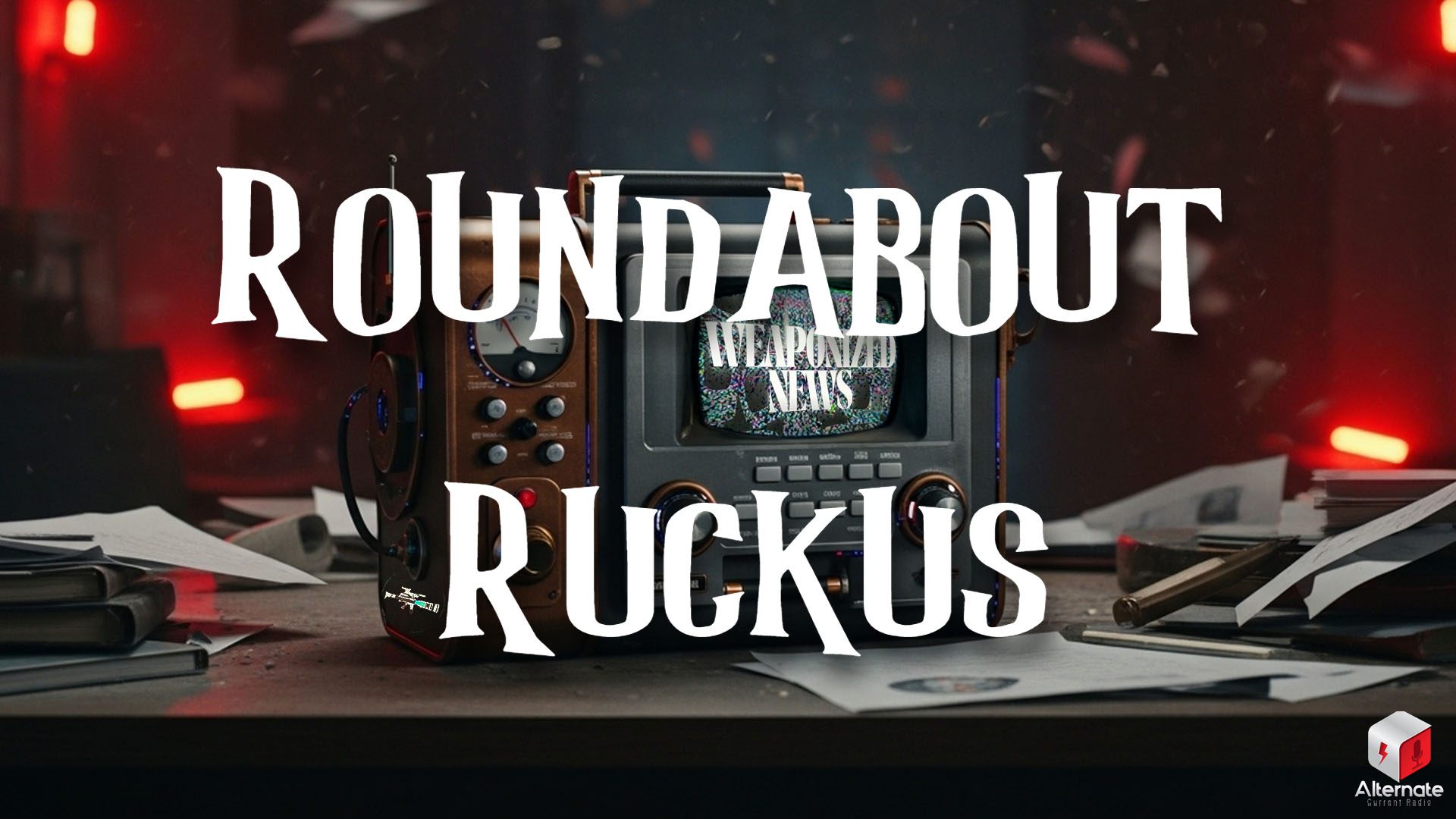 A retro-futuristic broadcast console sits on a cluttered desk in a dim red-lit room, surrounded by scattered papers and analog controls