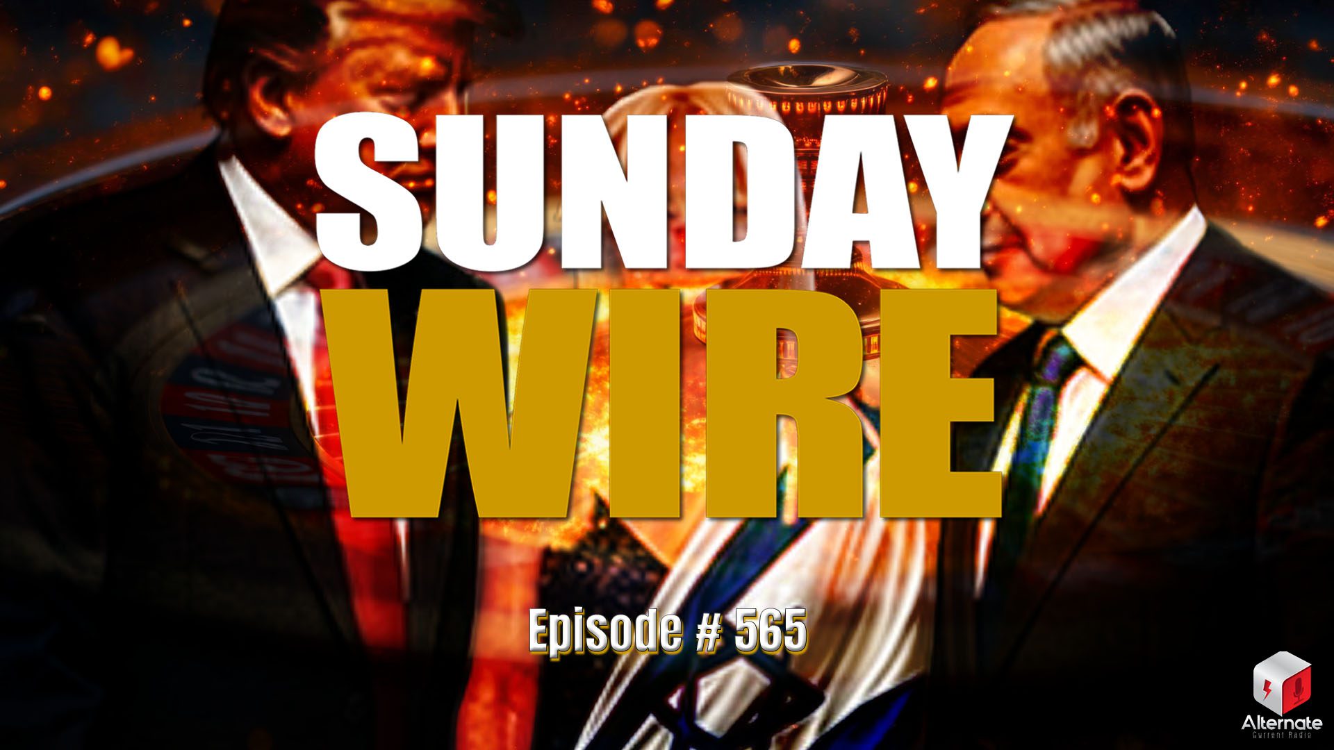 An image featuring Donald Trump, Miriam Adelson, and Bibi Netanyahu standing closely side-by side. The image has been stylized with an overlay of a giant-sized roulette wheel that has been set on fire.