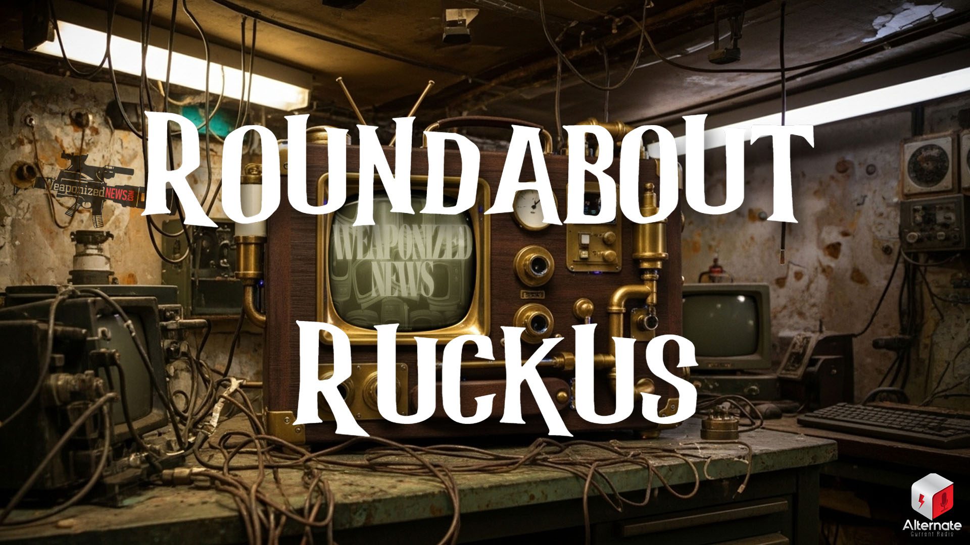 Ruckus on Weaponized News (24-OCT-25) A steampunk-style broadcast machine with brass fittings, gauges, and a glowing screen sits on a cluttered workbench in a dim workshop, surrounded by wires, tools, and vintage electronics.