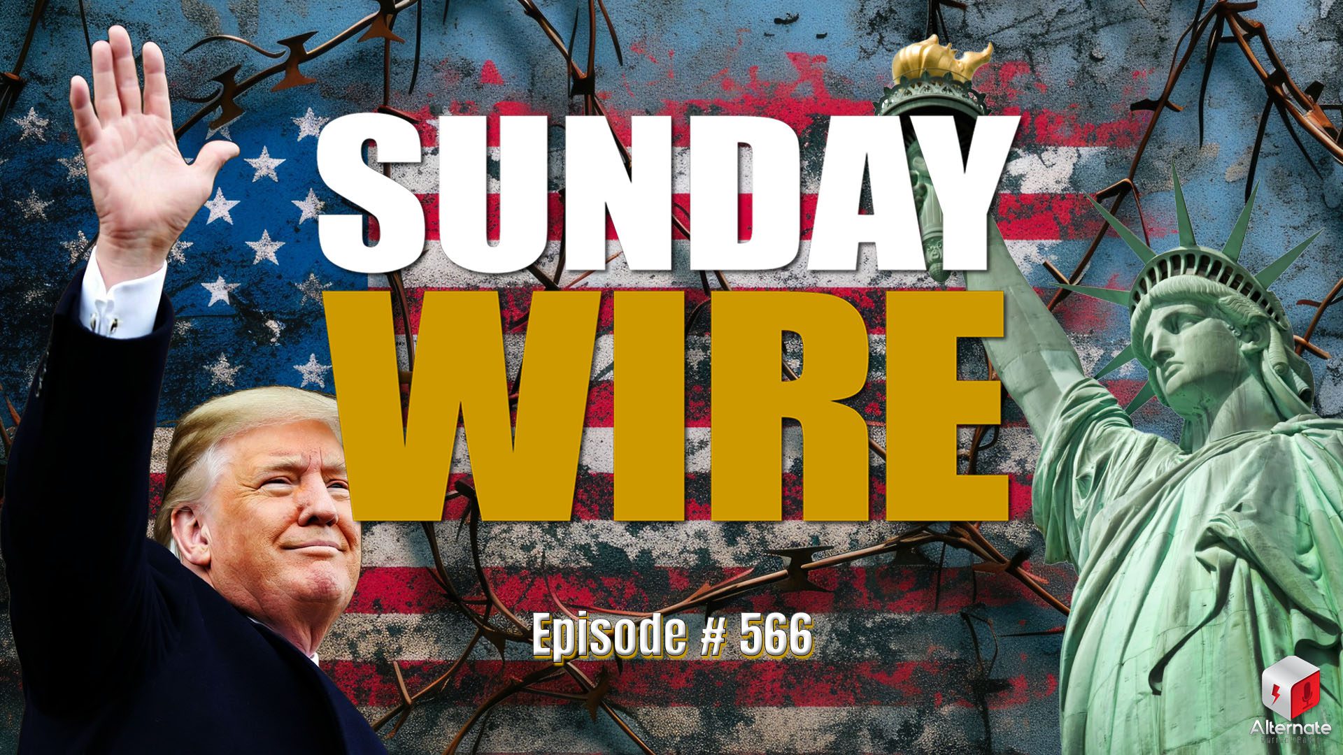 A collage-style image featuring Donald Trump with a raised-hand on the left, a cracked American flag interwoven with razor wire in the center, and the Statue of Liberty on the right, set against a dark, textured backdrop.