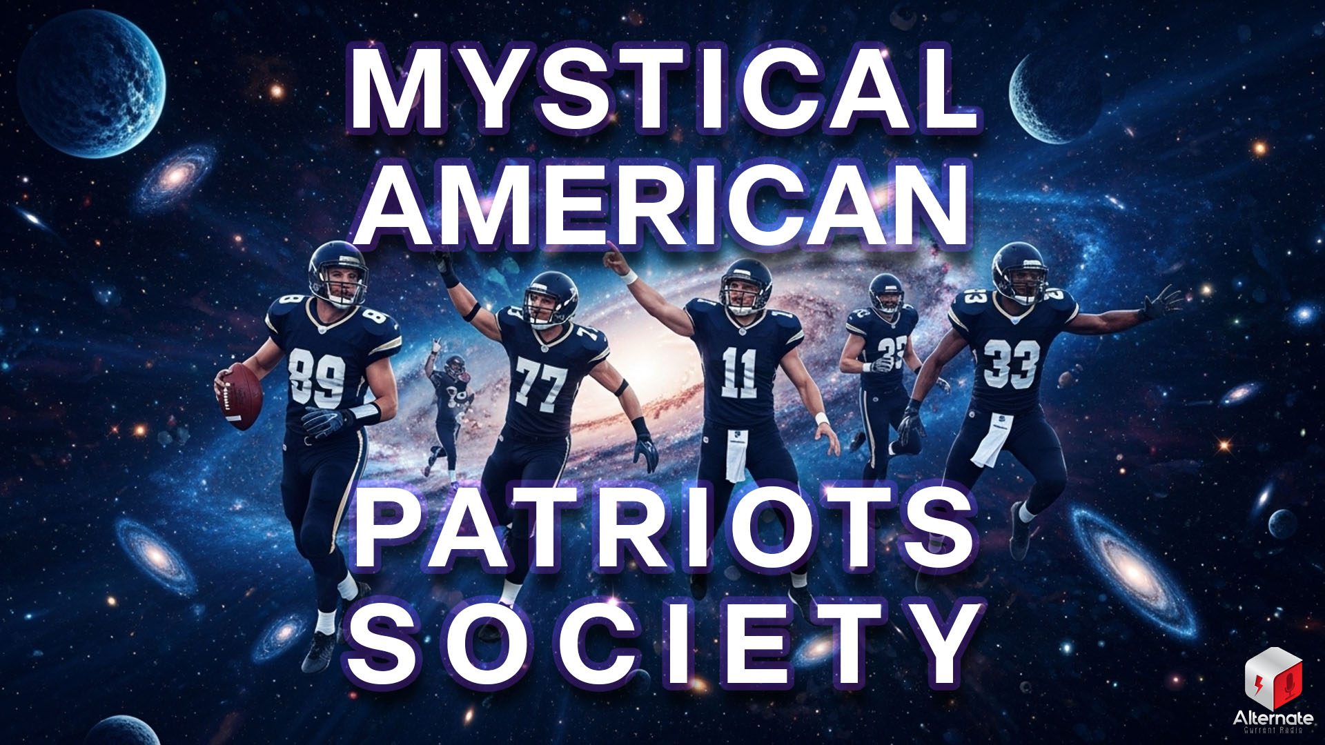 Galactic Gridiron Five American football players in dark uniforms charge forward through a surreal cosmic landscape of stars, galaxies, and planets